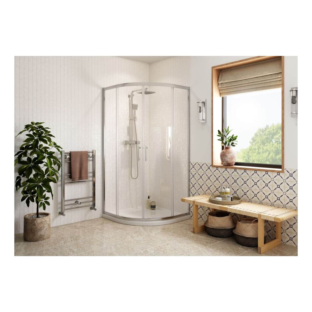 Modern bathroom featuring a glass shower enclosure, wooden window frame with a potted plant, beige tiled floor, decorative wall tiles, and a wooden bench with baskets for storage.