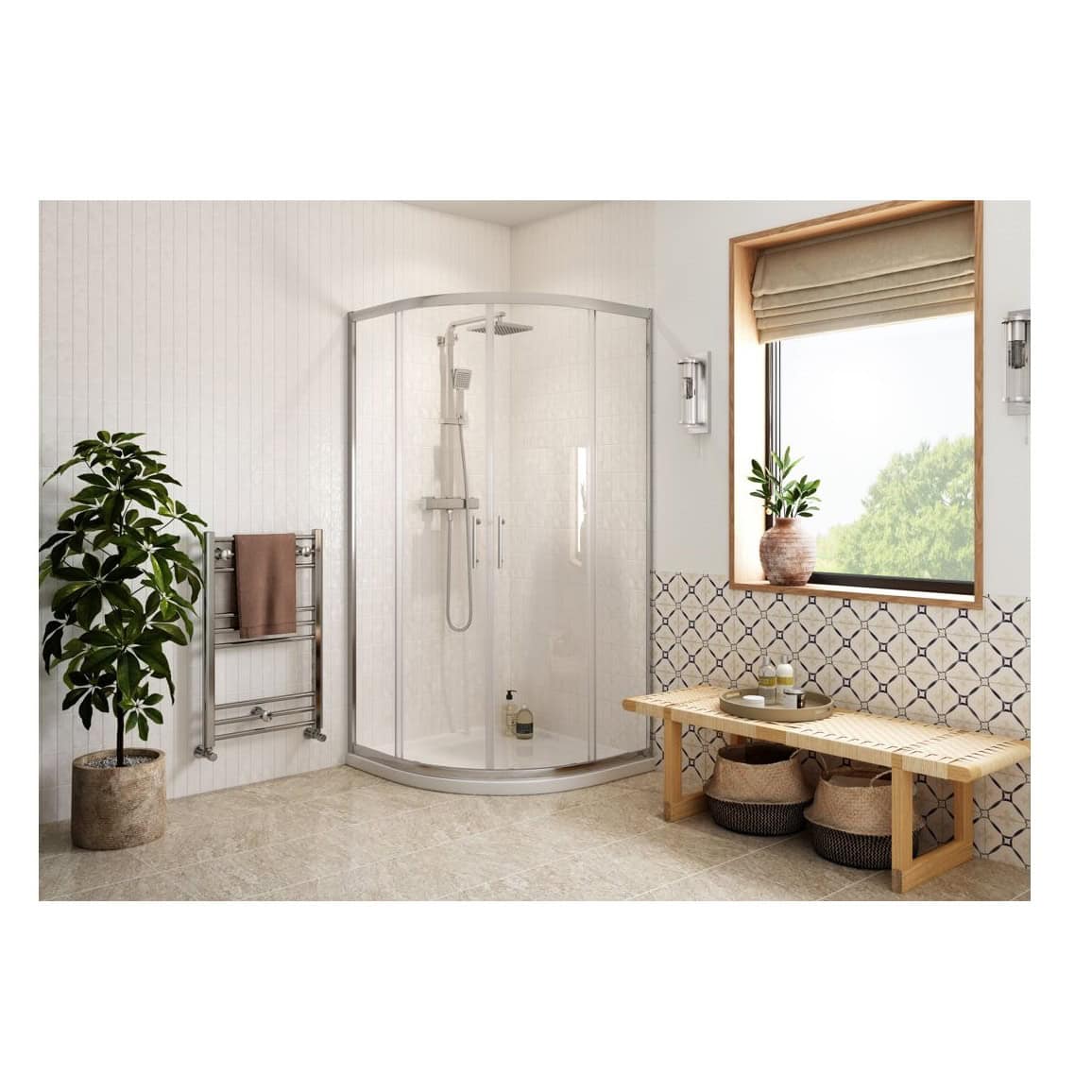 Modern shower enclosure with chrome fixtures in a contemporary bathroom design, complemented by natural light and stylish decor.