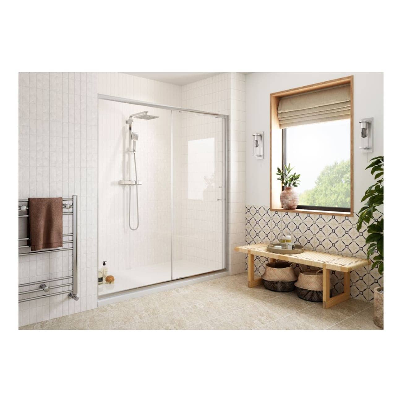 Modern bathroom with walk-in shower, white tiled walls, wooden window frame, decorative tiles, natural light, and minimalist decor for bathroom renovation and interior design inspiration.