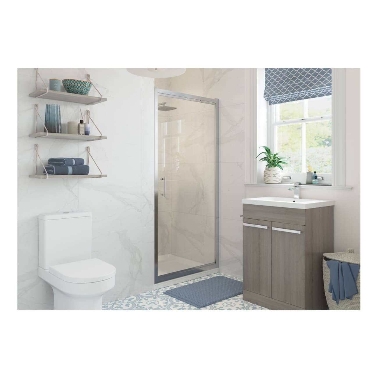 Bright modern bathroom featuring a walk-in shower with glass door, white toilet, light wood vanity with sink, shelves with towels, a window with patterned blind, and stylish blue accents, perfect for contemporary bathroom design.