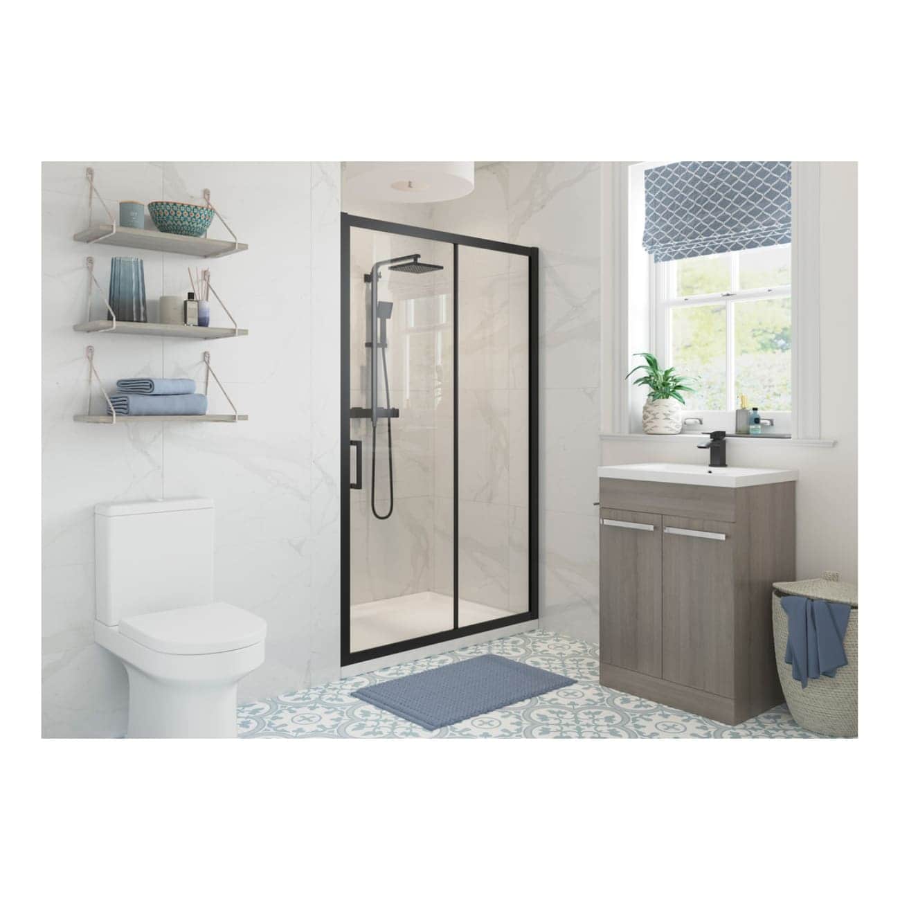 Sleek modern bathroom featuring a walk-in shower with black frame, wooden vanity with white basin, white toilet, and decorative blue accents, creating a fresh and stylish space.