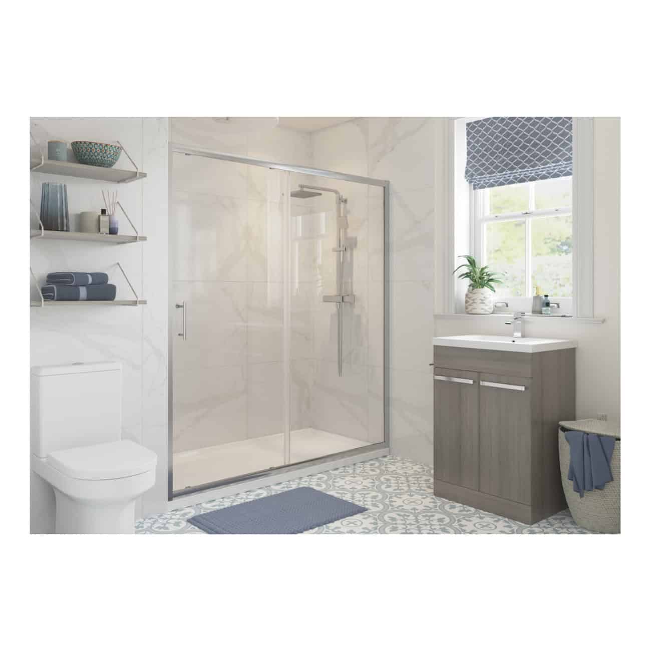 Bright and modern bathroom featuring a glass shower enclosure, contemporary vanity with sink, stylish patterned floor tiles, and decorative shelving with towels and accessories. Perfect for a sleek, functional bathroom design.