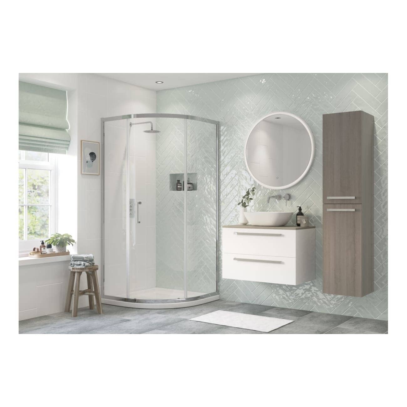 Modern minimalist bathroom with walk-in shower, wall-mounted vanity, round mirror, and natural light, featuring contemporary fixtures and soft pastel wall tiles.