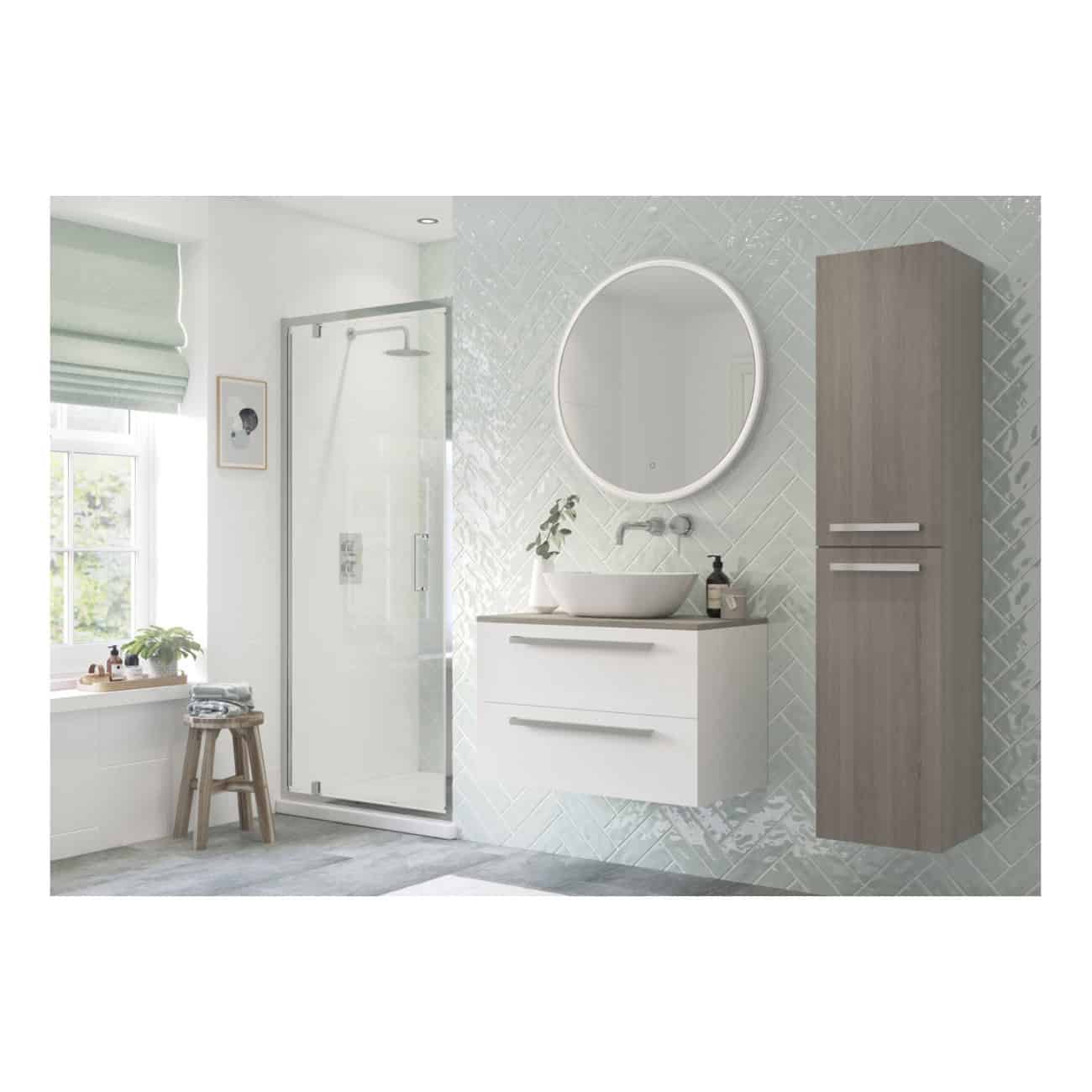 Sleek modern bathroom with minimalist design, featuring a walk-in shower, floating vanity with vessel sink, illuminated round mirror, and wooden storage cabinet, creating a bright and contemporary space for relaxation.