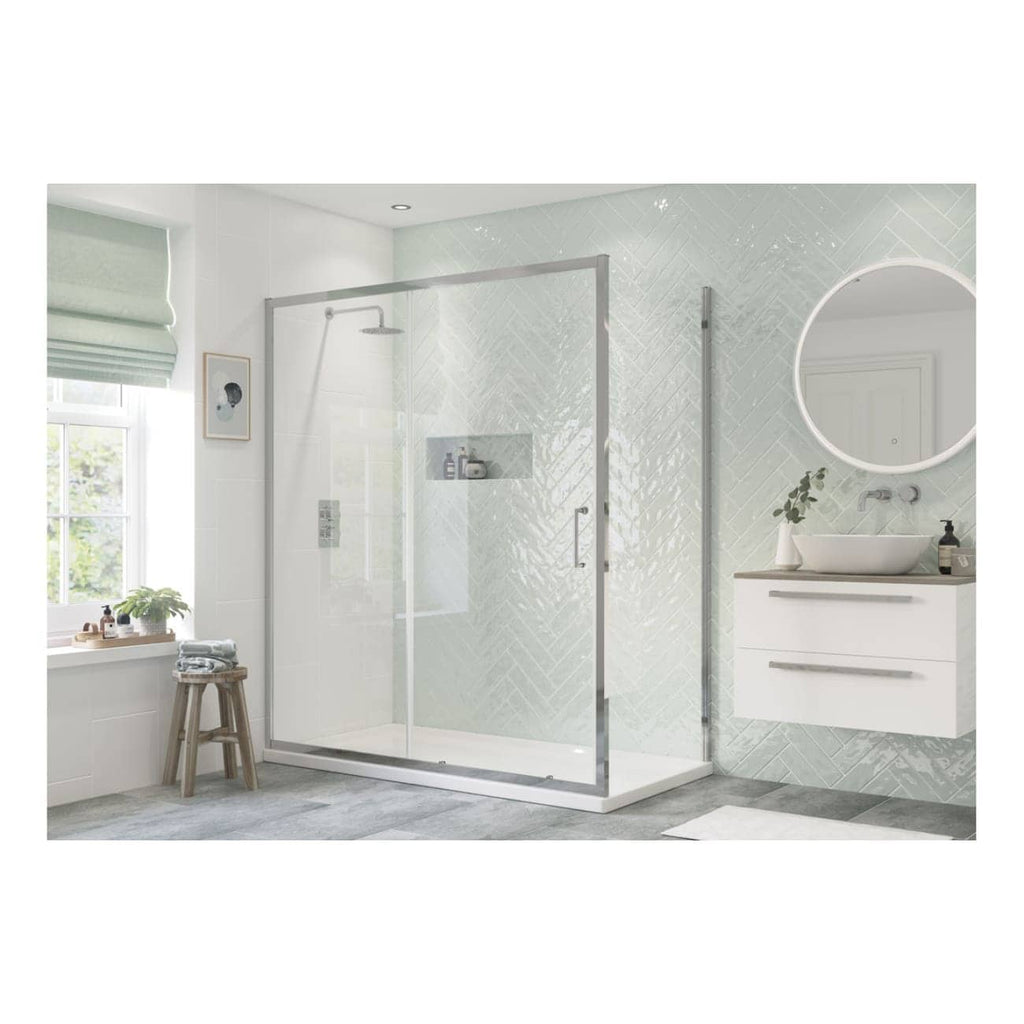 Contemporary white bathroom with glass shower enclosure, stylish vanity with vessel sink, circular illuminated mirror, and natural light from a window, creating a serene, modern space.