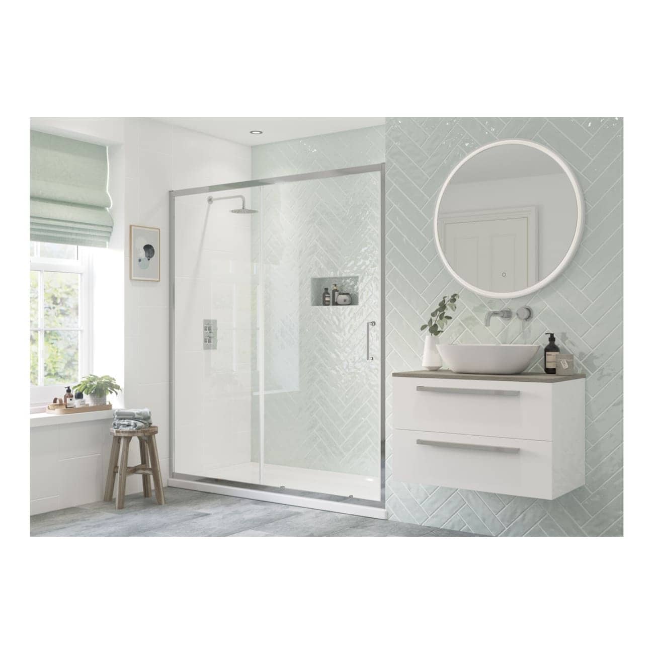 Modern white bathroom with walk-in shower, circular backlit mirror, and minimalist vanity unit, featuring contemporary bathroom fixtures, natural light, and a clean, bright aesthetic.