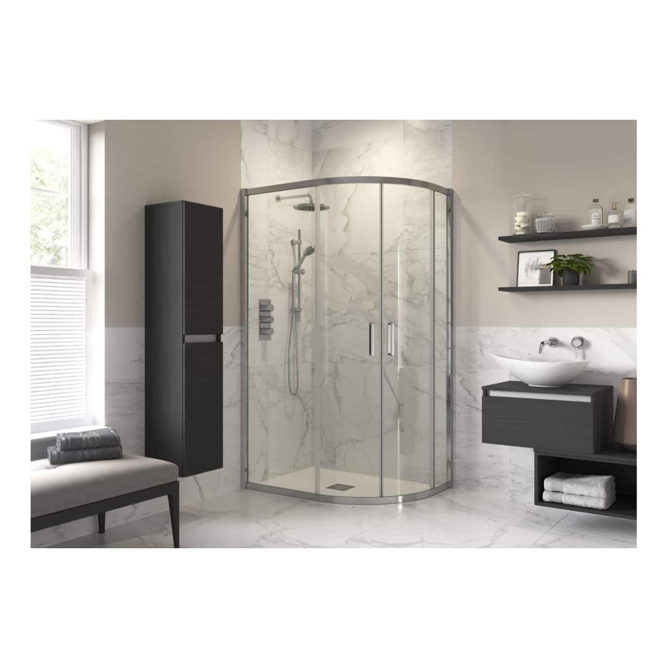 Sleek modern bathroom with glass shower enclosure, black vanity with vessel sink, and minimalist shelving featuring bathroom essentials, creating a stylish and functional space.