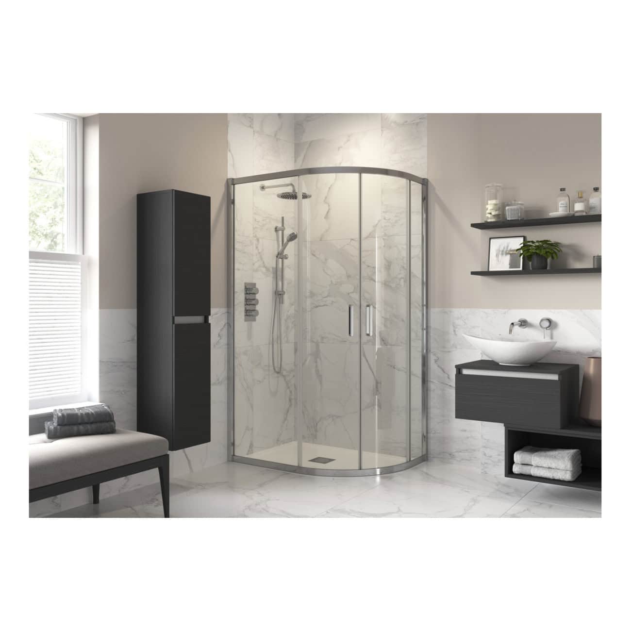 Sleek modern bathroom with a glass shower enclosure, marble walls, and black fixtures. Ideal for contemporary bathroom design focusing on elegance, functionality, and luxury finishings.