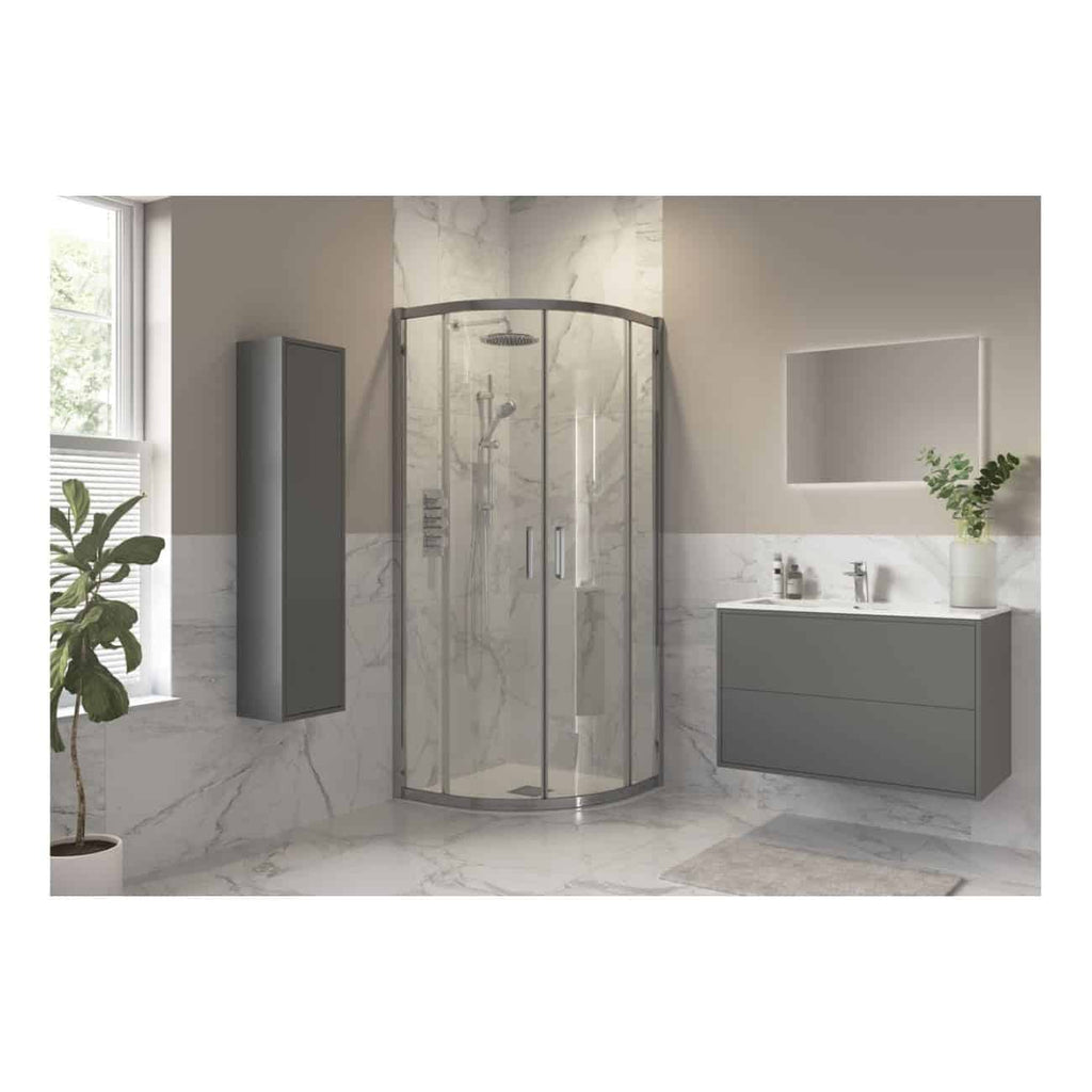 Sleek modern bathroom with a corner shower enclosure, contemporary grey vanity unit, and marble-effect wall tiles, creating a stylish and functional bathroom space for relaxation and daily routines.