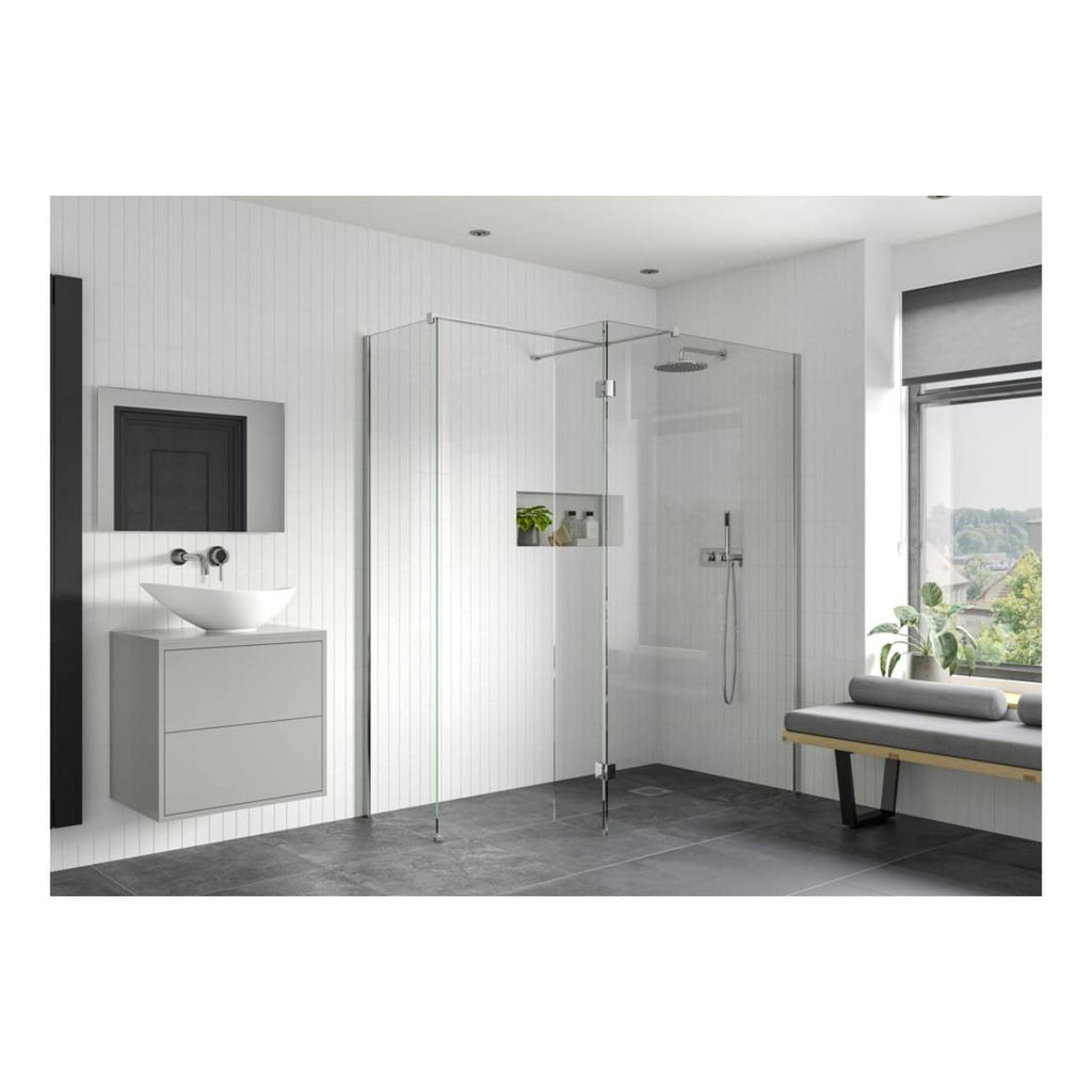 Sleek modern bathroom with walk-in glass shower, minimalist vanity with vessel sink, and a cosy window seat with plants, all in a neutral colour palette.