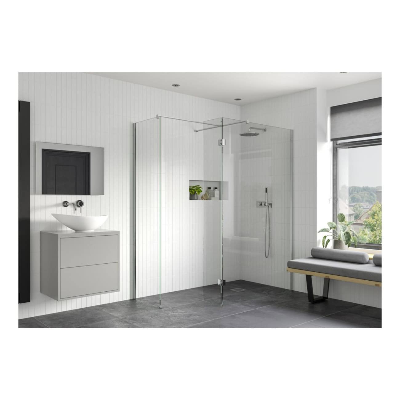 Sleek modern bathroom with walk-in glass shower, minimalist vanity with vessel sink, and a cosy window seat with plants, all in a neutral colour palette.