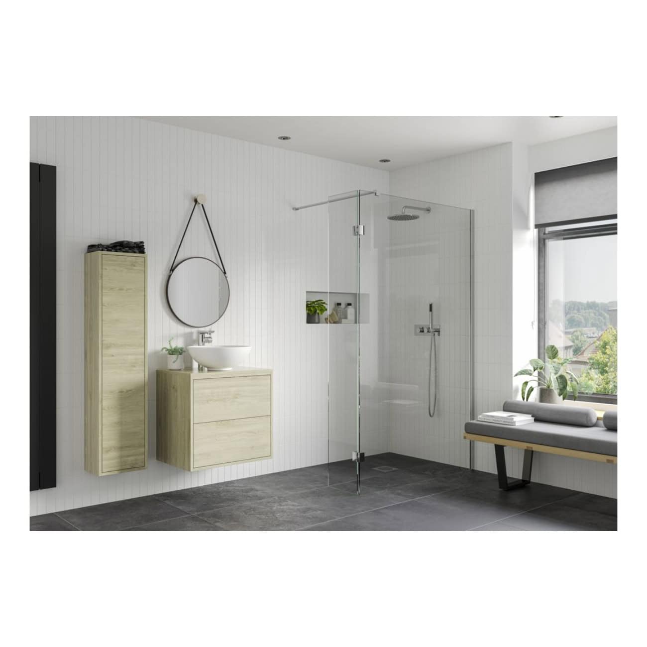Sleek modern bathroom with a walk-in glass shower, minimalist light wood vanity units, wall-mounted round mirror, and natural light from large window, creating a calming spa-like atmosphere.