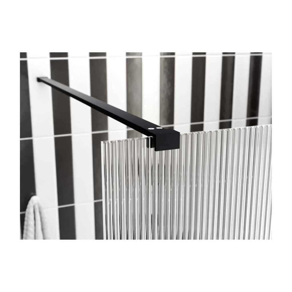 Sleek modern black shower curtain rail with clear acrylic divider in contemporary bathroom setting.