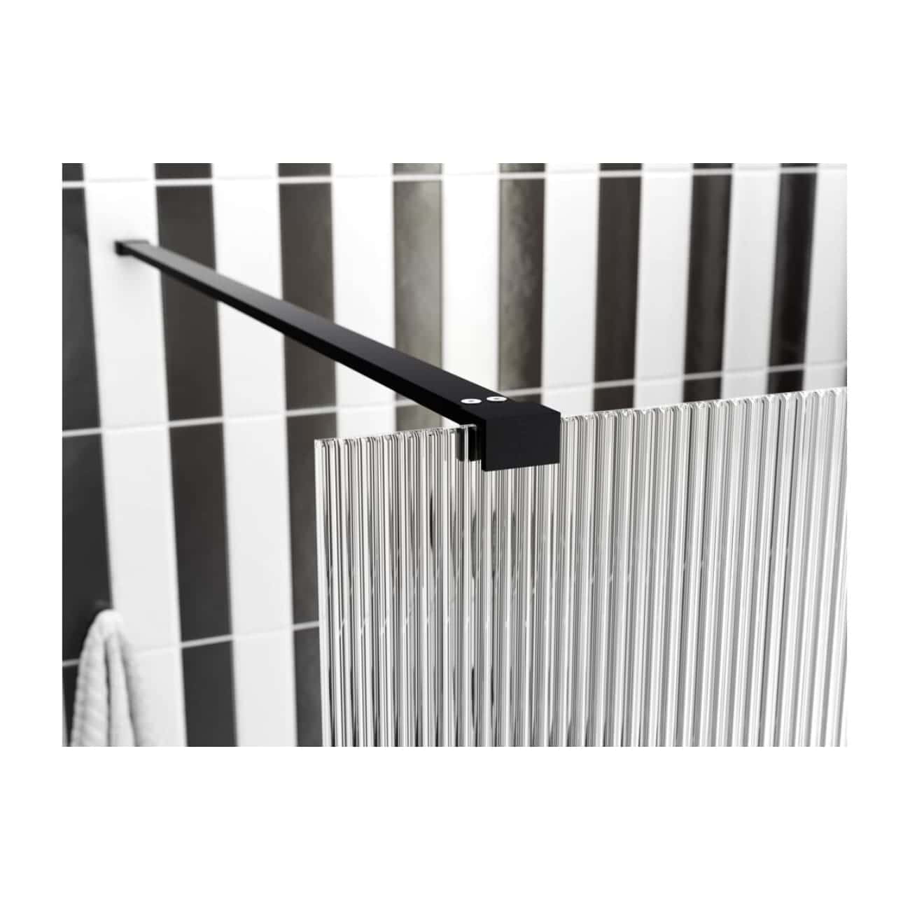 Sleek modern black shower curtain rail with clear acrylic divider in contemporary bathroom setting.