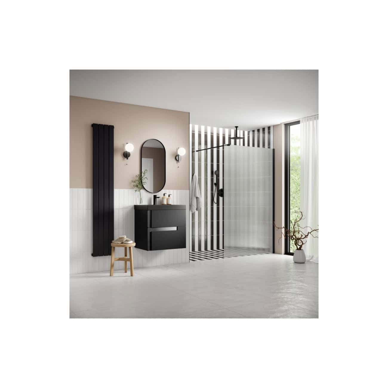Modern black and white bathroom design with a sleek vanity, oval mirror, striped shower wall, and large window with sheer curtains, creating a contemporary and stylish space.