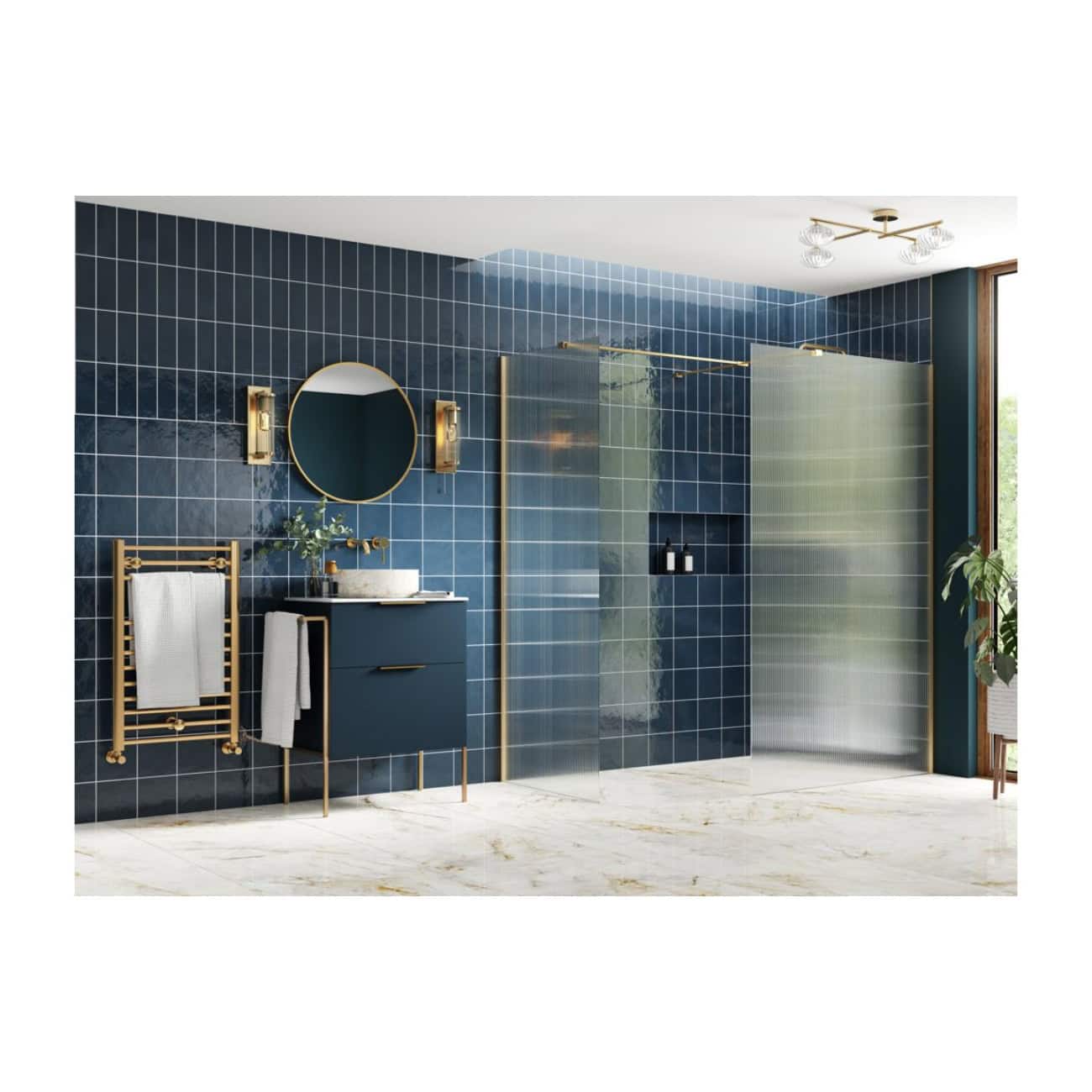 Blue tiled modern bathroom with gold accents and a glass shower enclosure, featuring a stylish vanity with a round mirror and chic lighting fixtures, perfect for contemporary bathroom design.
