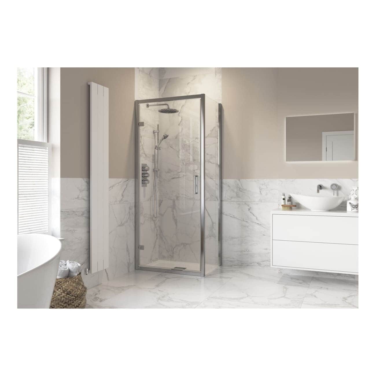 Contemporary walk-in shower with glass enclosure, marble tiles, and chrome fixtures in a modern bathroom setting. Featuring a sleek minimal design for a stylish and functional bathroom upgrade.