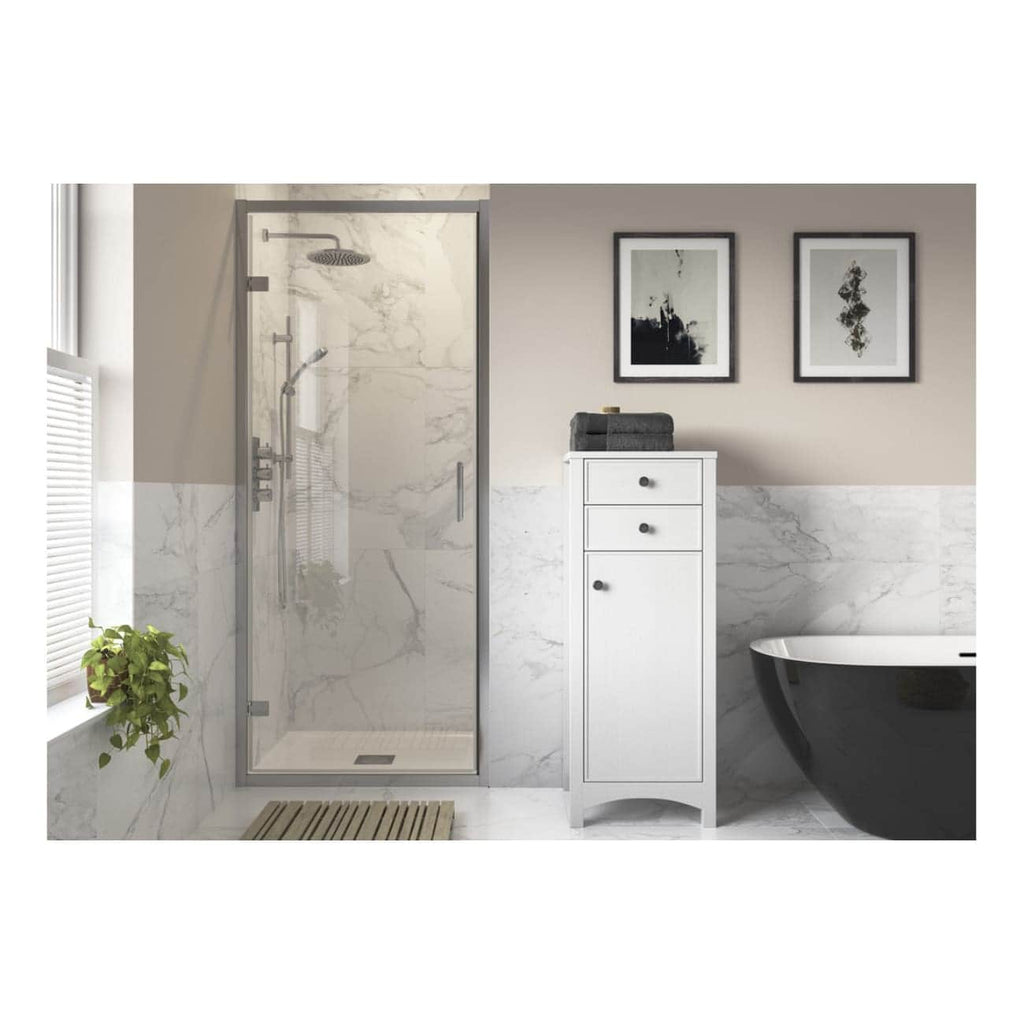 Modern bathroom with a glass shower enclosure, black bathtub, white cabinet, and contemporary wall art, featuring elegant marble wall and floor tiles for a stylish bathroom design.
