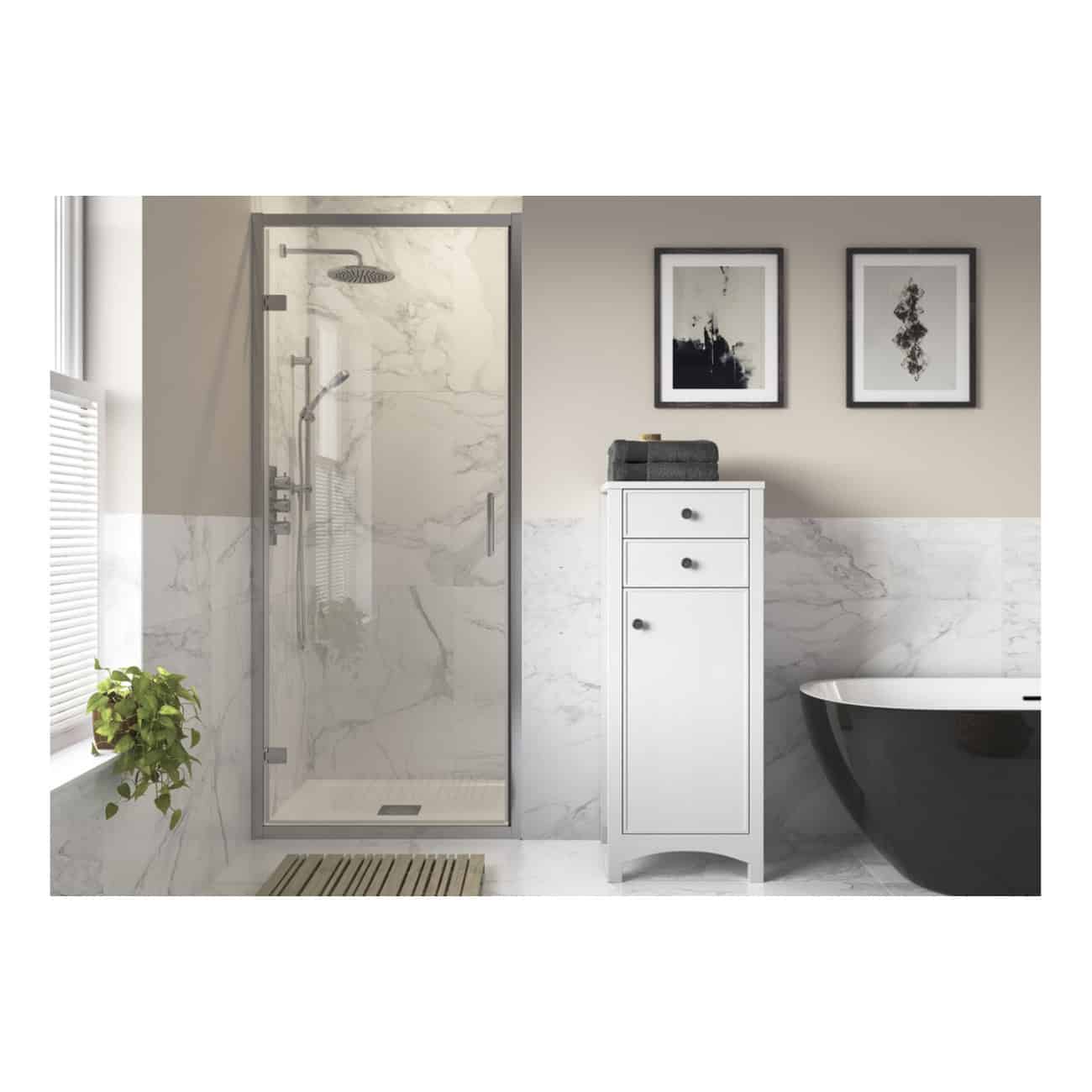 Sleek modern bathroom featuring a glass shower enclosure, white marble wall panels, a stylish black freestanding bathtub, a white storage cabinet, contemporary wall art, and natural light for a luxurious bathroom look.