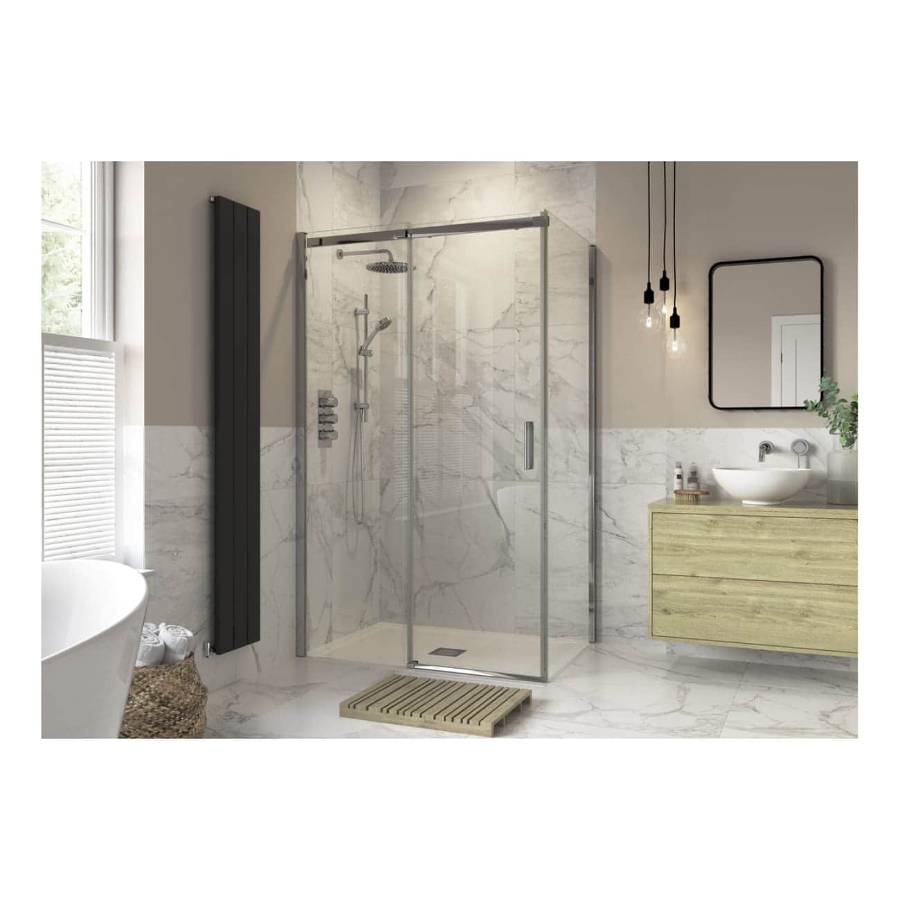 Modern walk-in shower with glass enclosure, rainfall showerhead, and sleek bathroom decor featuring marble tiles, a wooden vanity, and contemporary lighting fixtures for stylish bathroom design.
