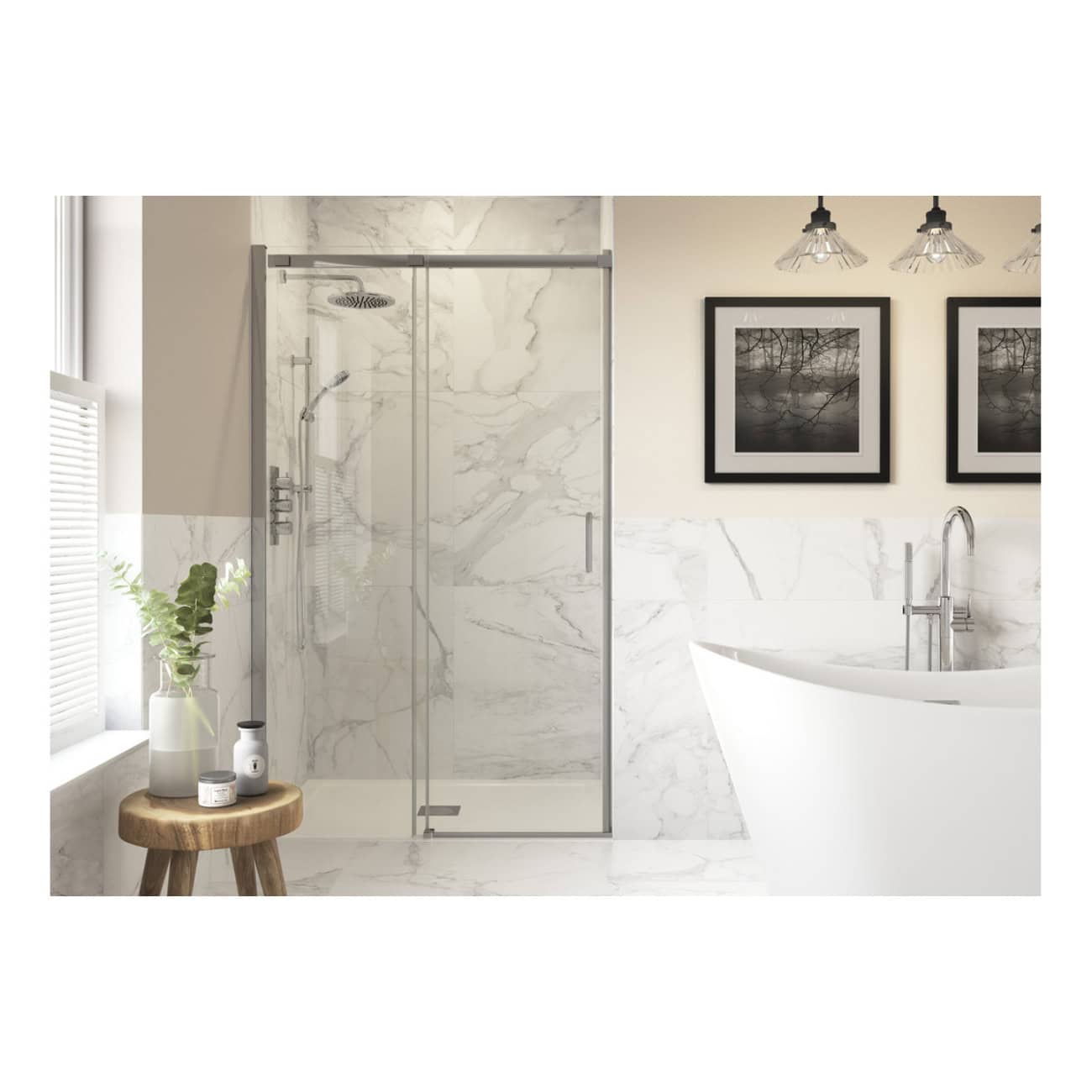 Sleek modern bathroom with a walk-in glass shower enclosure, marble wall accents, and a stylish white freestanding bathtub, offering a luxurious and contemporary bathroom design.