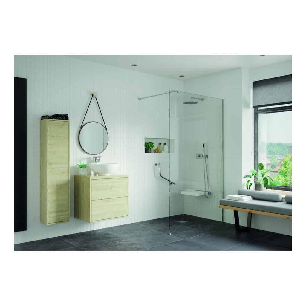 Contemporary bathroom with walk-in shower, minimalist wooden vanity, round mirror, and large window, creating a bright and relaxing space. Suitable for modern bathroom renovations and stylish interior design.
