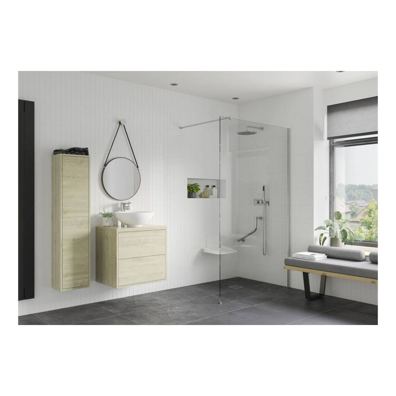 Minimalist modern bathroom with light wood storage units, a round mirror, and a walk-in shower with a sleek glass door, natural light from large window, and contemporary decor.
