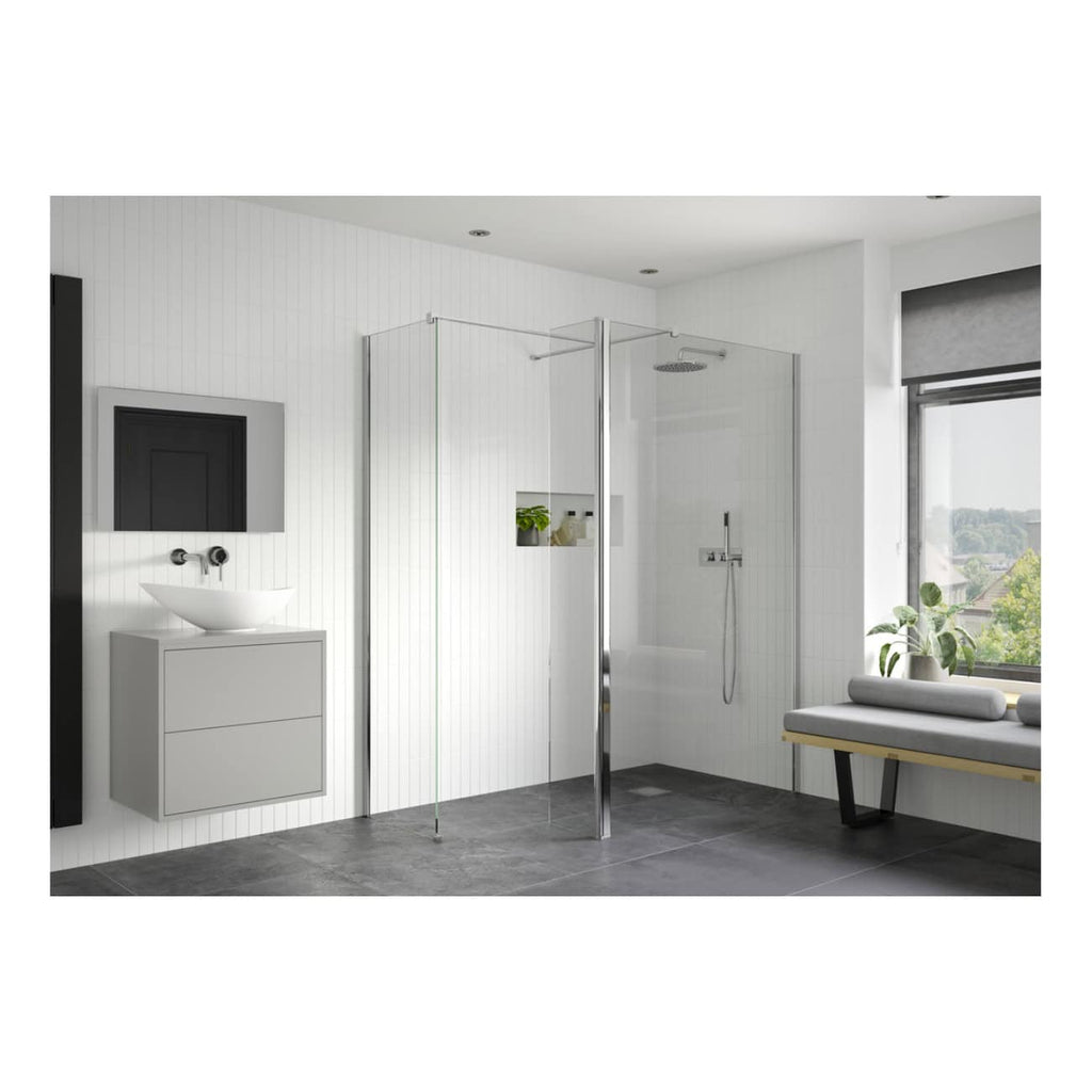 Minimalist white bathroom with walk-in glass shower, modern vanity with vessel sink, and large window with a view, creating a bright and clean space for contemporary bathroom design.