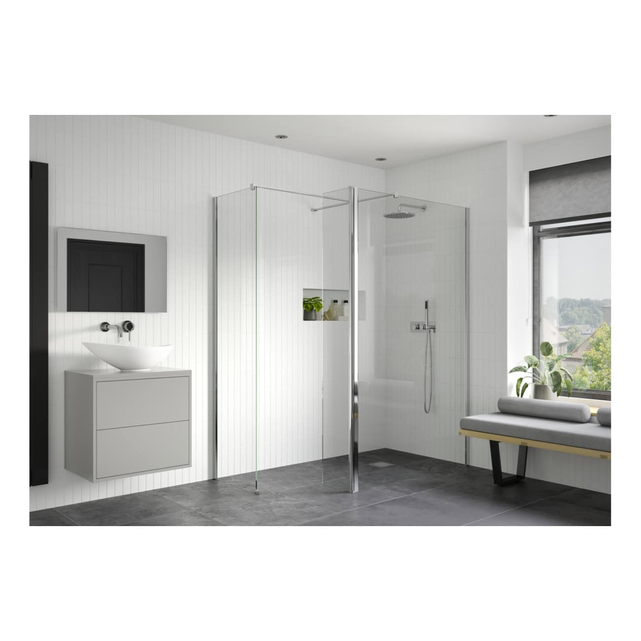 Minimalist white bathroom with walk-in glass shower, modern vanity with vessel sink, and large window with a view, creating a bright and clean space for contemporary bathroom design.