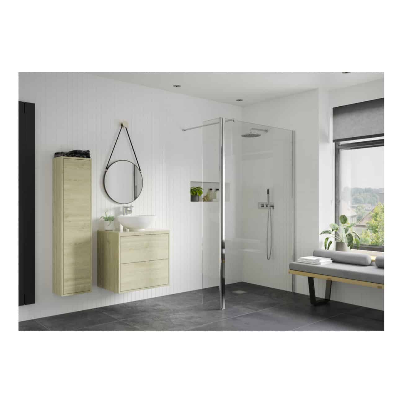 Sleek modern bathroom with minimalist design including a floating vanity, wall-mounted mirror, and open shower area with glass partition, perfect for contemporary Bubly Bathrooms.