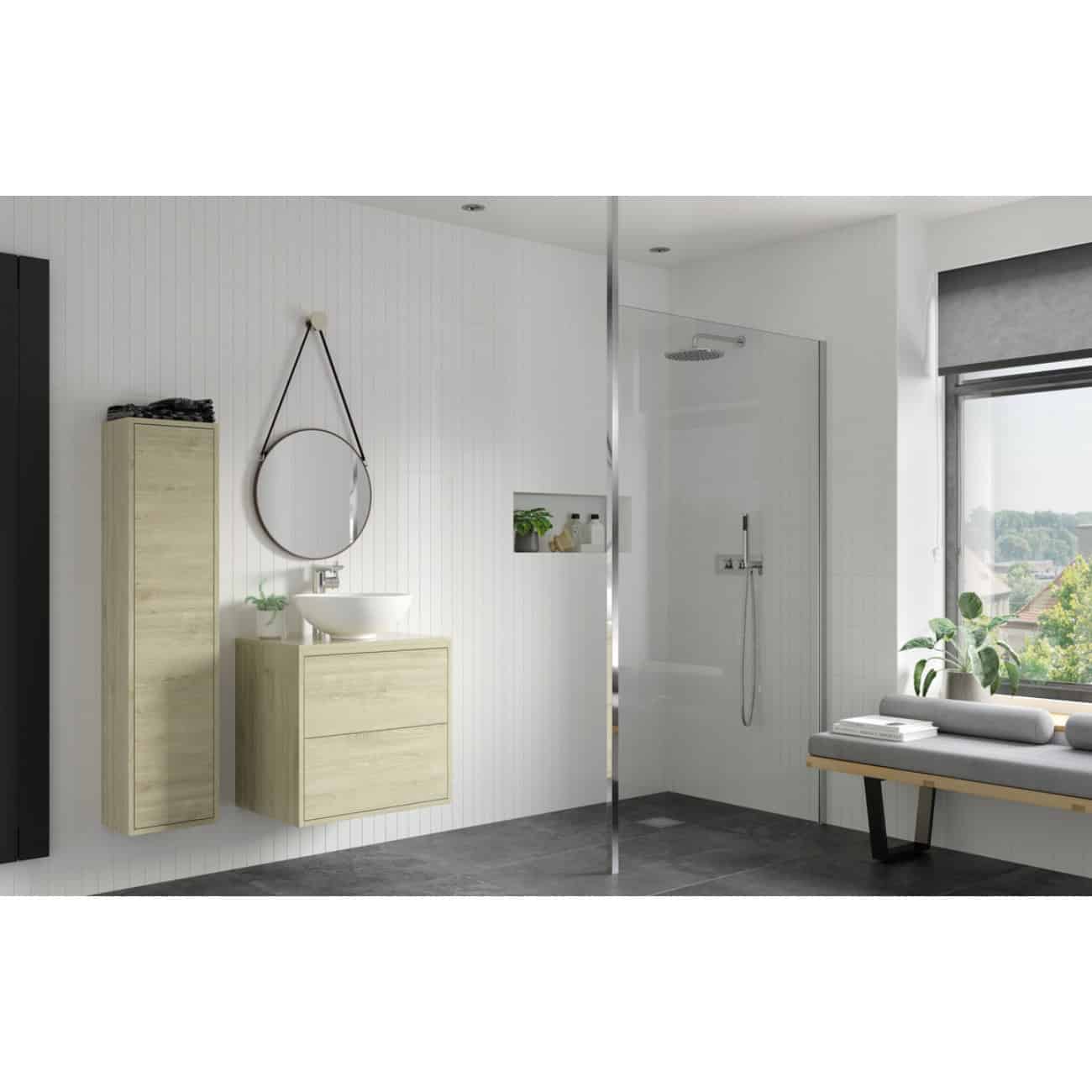 Contemporary bathroom with minimalist wooden vanity units, round mirror, walk-in shower with glass door, and large window with greenery view, designed by Bubly Bathrooms.