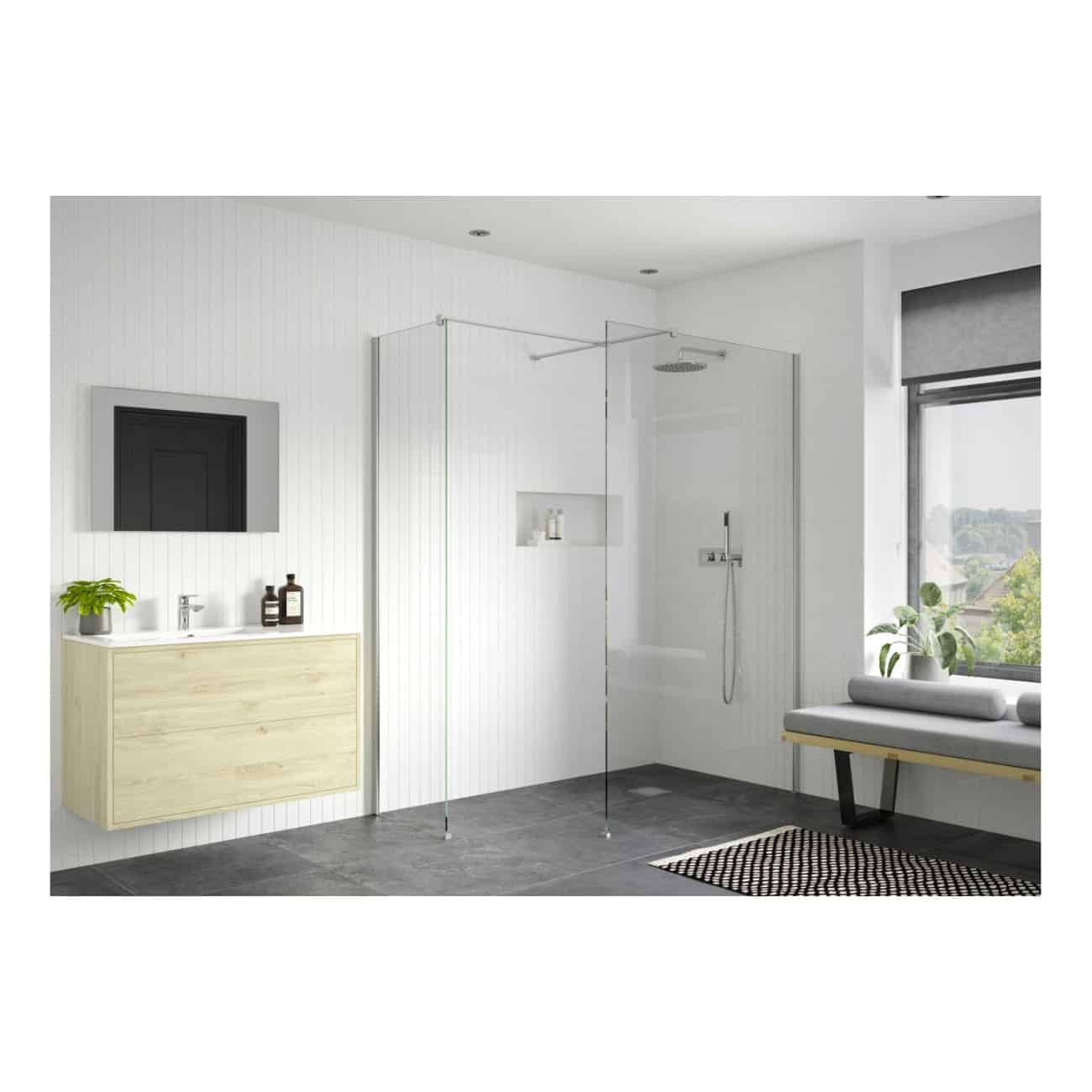 Sleek modern bathroom with walk-in shower, minimalistic vanity unit, large window with natural light, and stylish decor, perfect for contemporary bathroom design and relaxation.