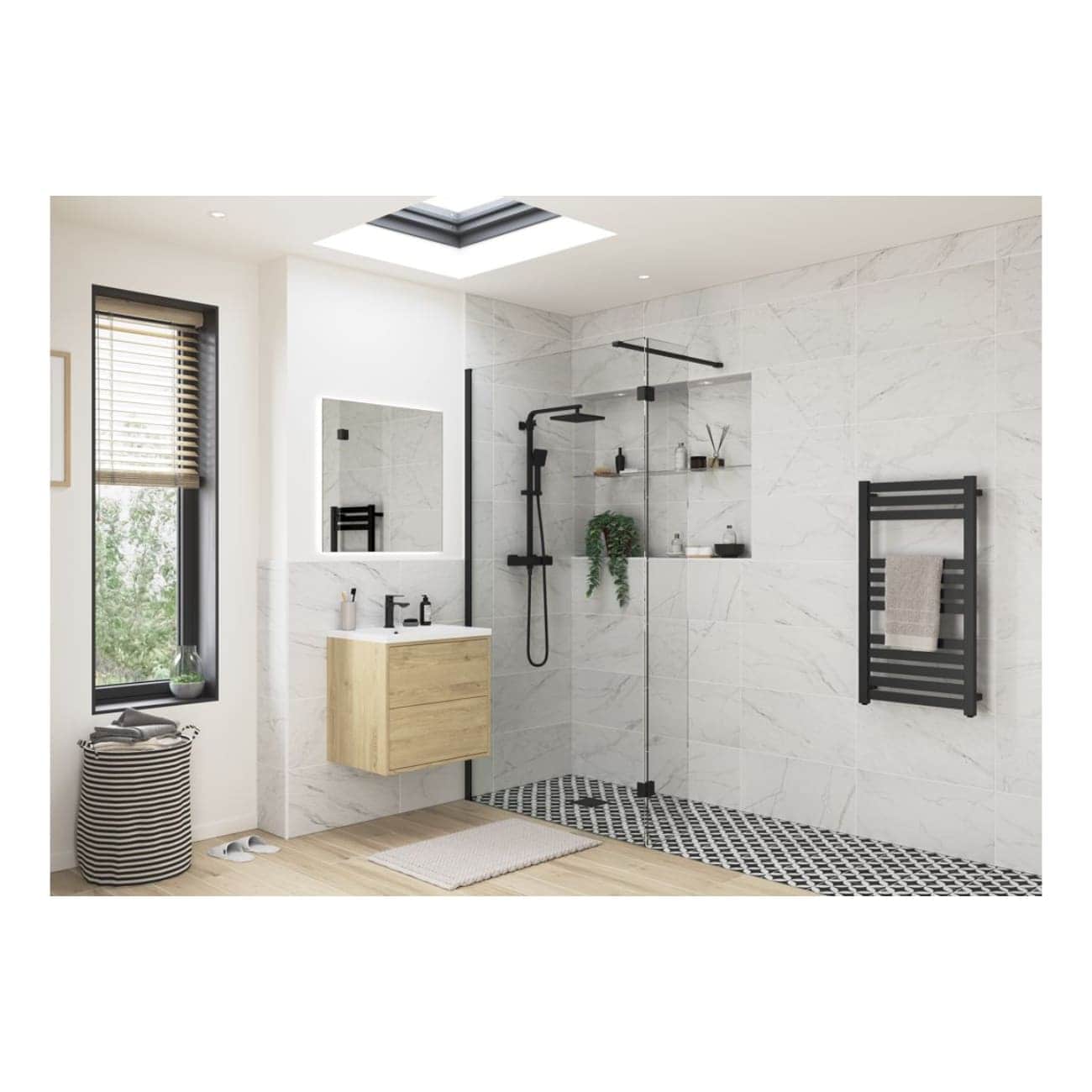 Bright modern bathroom featuring a minimalist shower with black fixtures, a sleek floating vanity with black tap, natural wood accents, and stylish black towel radiator in a contemporary design.