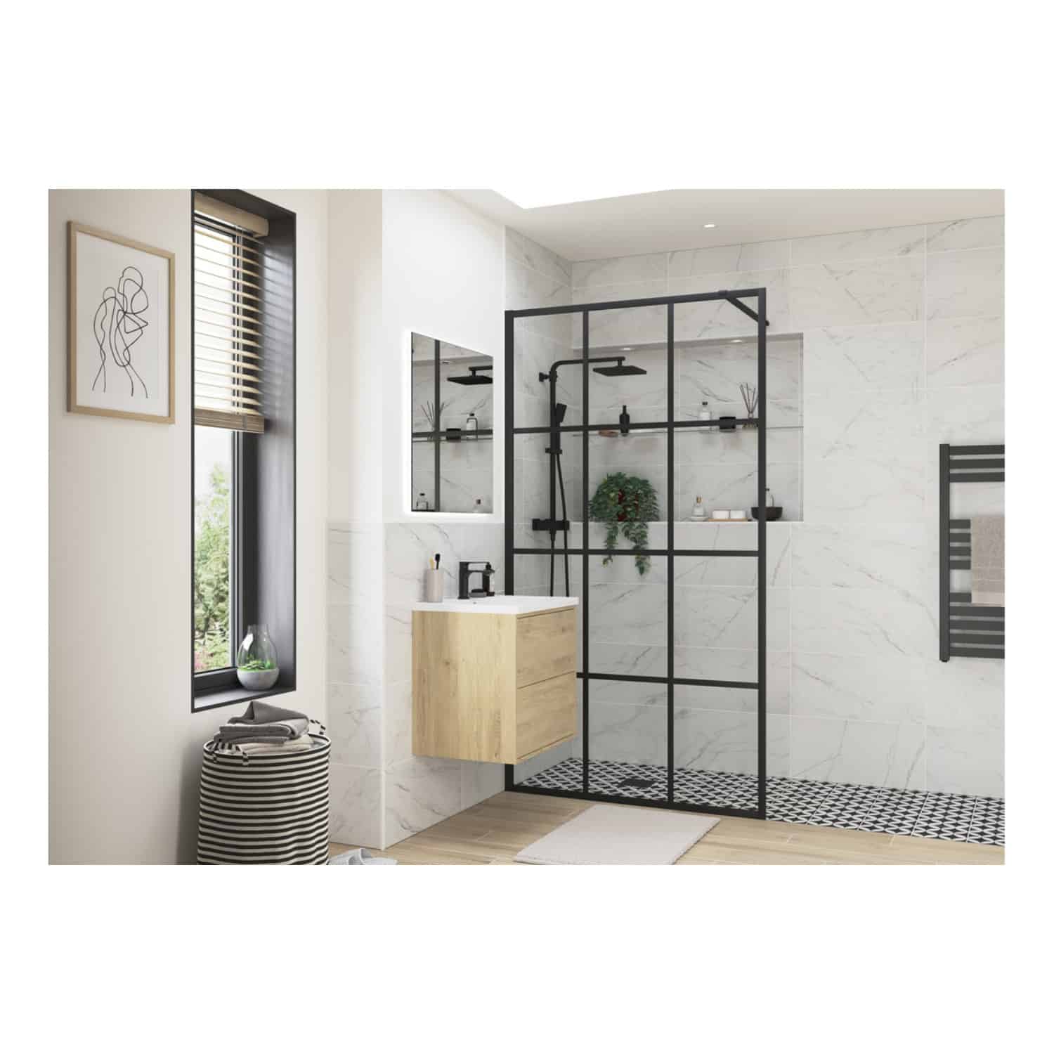 Modern minimalist bathroom with walk-in glass shower, black fixtures, and natural wood vanity, featuring stylish decor and ample natural light for a sleek, contemporary look.