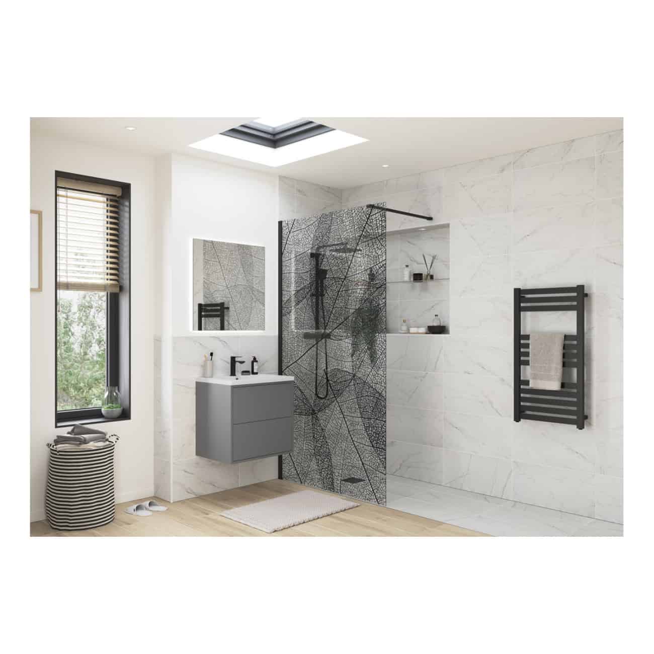 Modern minimalist bathroom with walk-in shower, grey vanity unit, black towel warmer, large window with blinds, and natural light, creating a sleek and functional space.