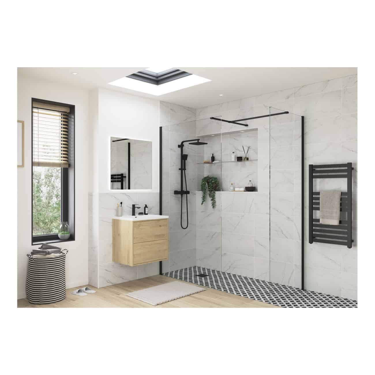 Modern minimalist bathroom with walk-in shower, black fixtures, and natural wood vanity in a bright space with large window and stylish decor.