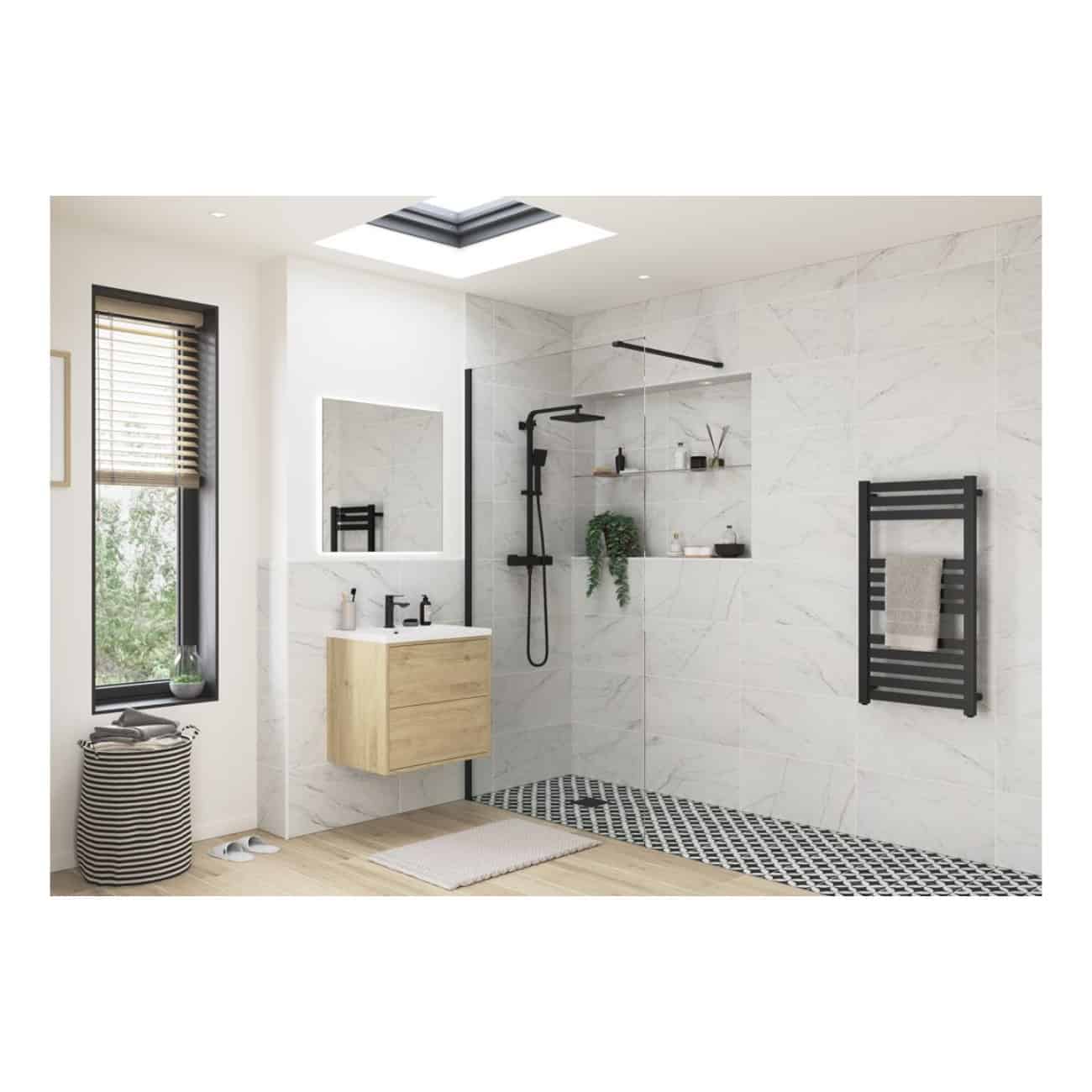 Modern minimalist bathroom with walk-in shower, black fixtures, and light wooden vanity, featuring sleek white marble tiles and black towel heater for stylish, functional bathroom design.