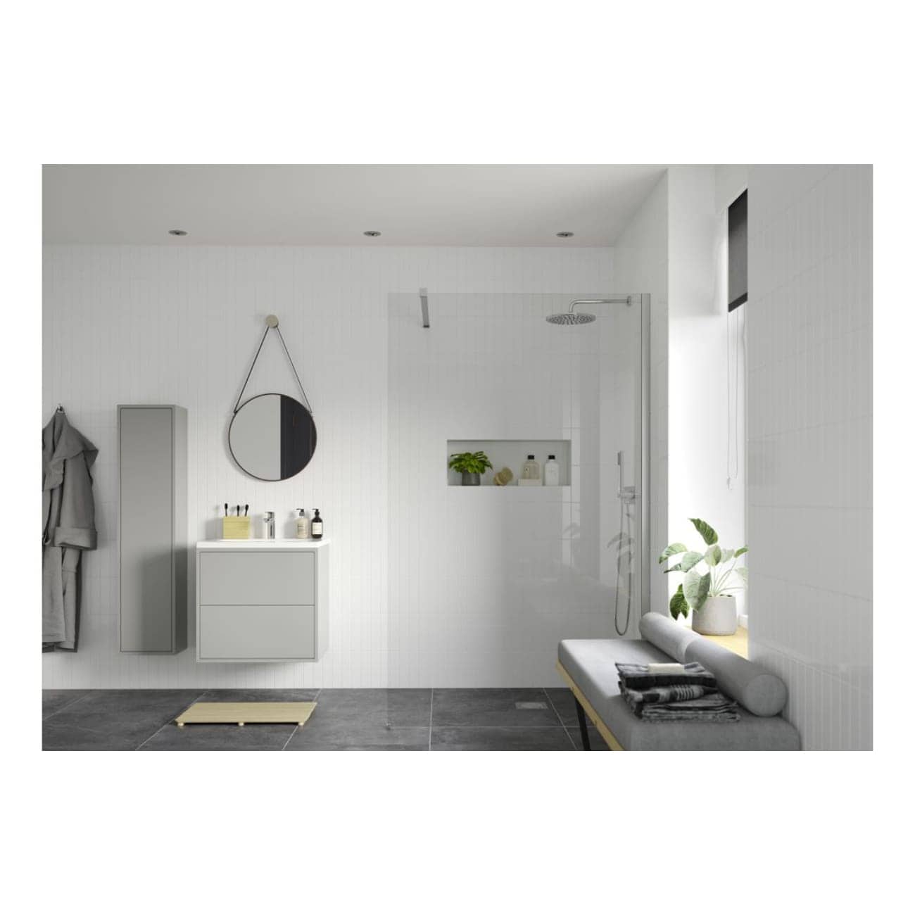 Sleek modern bathroom with walk-in shower featuring a rainfall showerhead, minimalistic vanity with accessories, wall mirror, and a cozy bench with cushions, decorated in a neutral colour palette for a contemporary design.