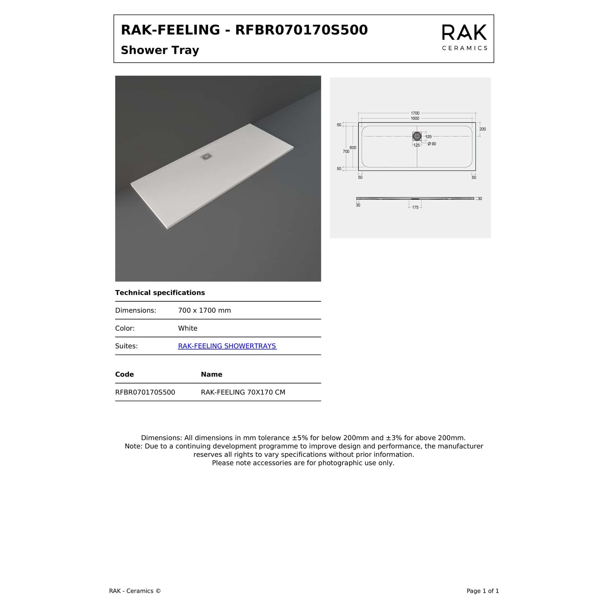 Sleek white rectangular shower tray with modern minimalistic design, measuring 700 x 1700 mm, ideal for contemporary bathrooms and shower room renovations.