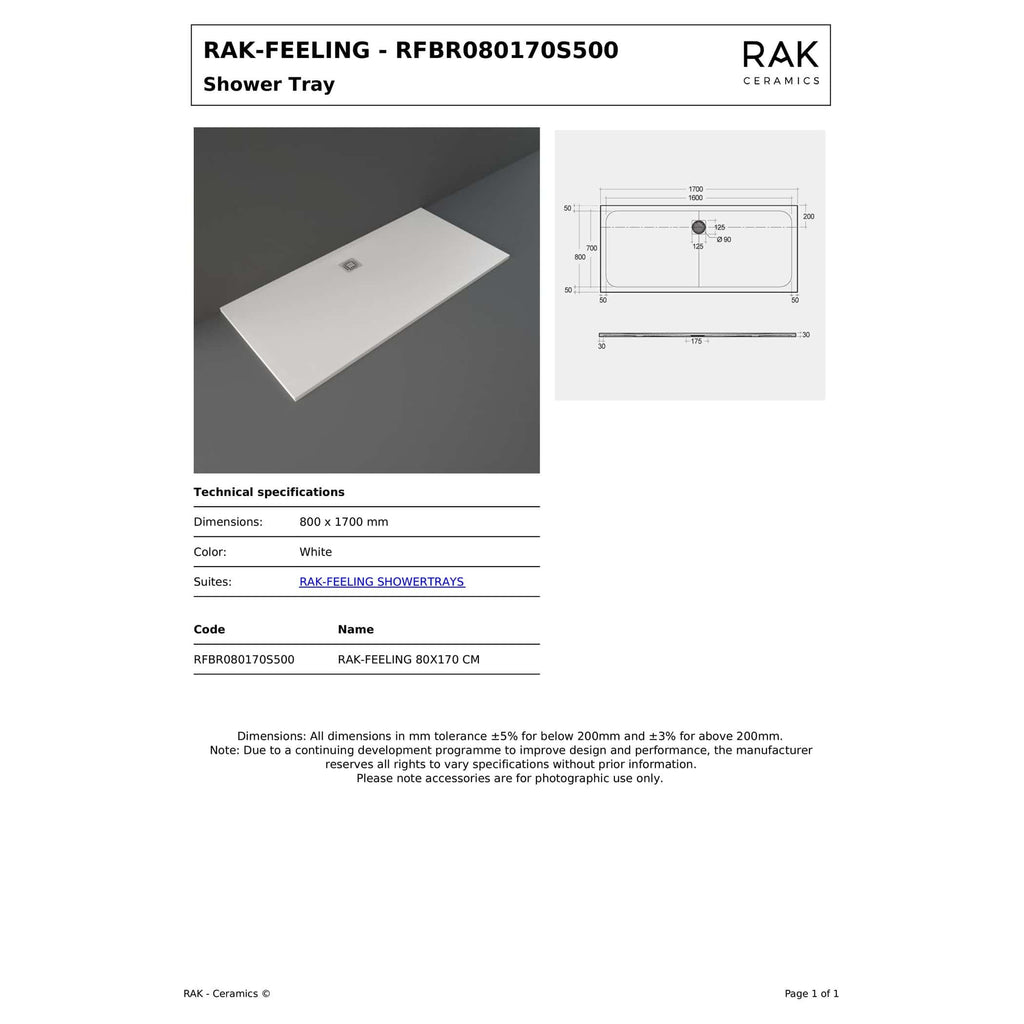 Sleek white shower tray with modern design, measuring 800 x 1700 mm, ideal for contemporary bathrooms from Bubly Bathrooms. Perfect for renovated or new shower areas.