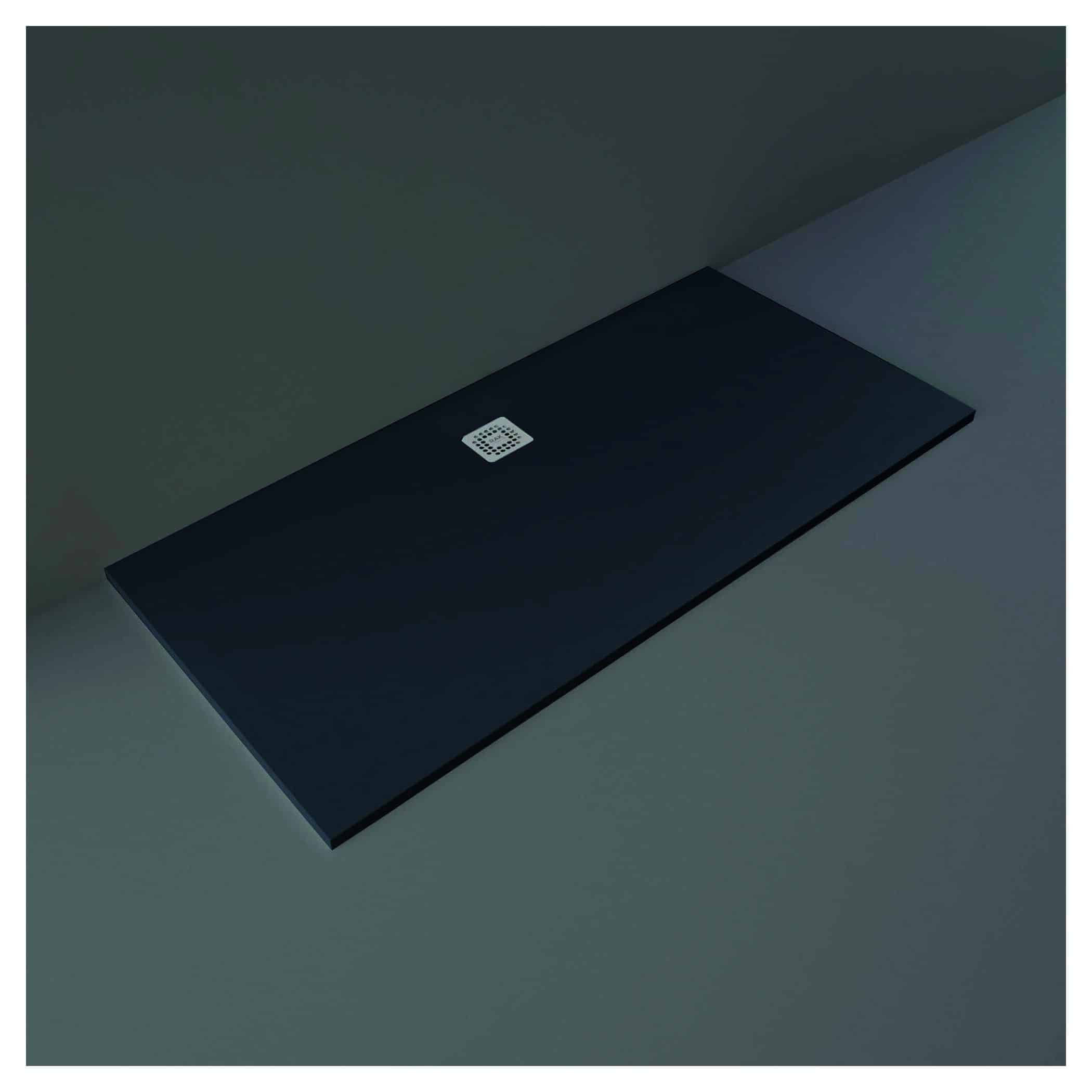 Sleek black shower tray with modern square drain, minimalist bathroom design, premium quality materials for durable and elegant bathroom fittings, clean lines, contemporary style.