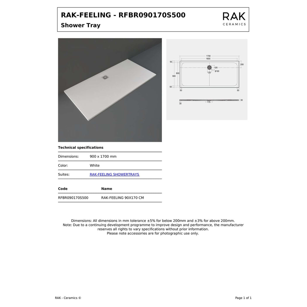 Sleek white rectangular shower tray with modern minimalist design, suitable for bathroom renovation projects, featuring precise dimensions and compatible with RAK Feeling shower tray suites.