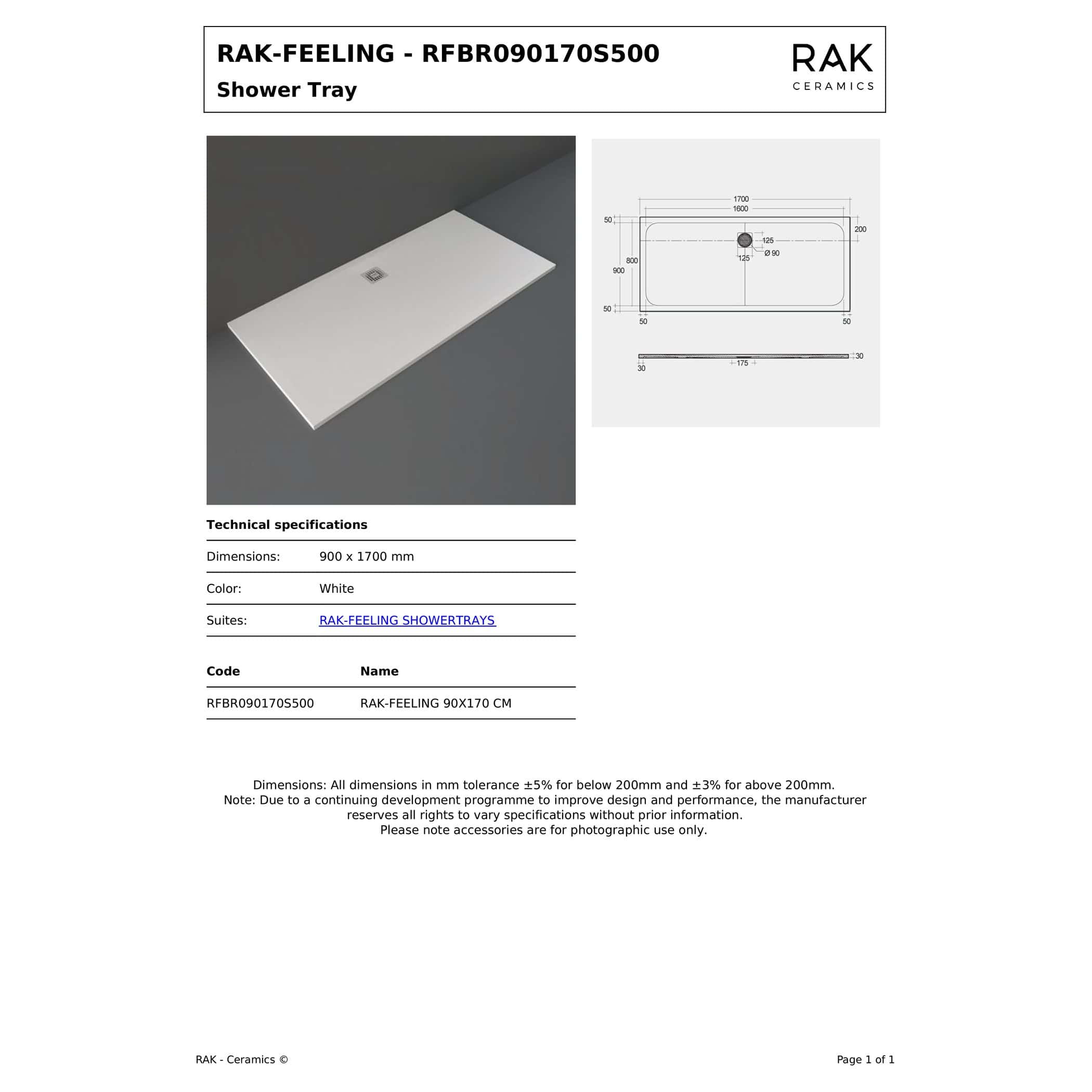 Sleek white rectangular shower tray with modern minimalist design, suitable for bathroom renovation projects, featuring precise dimensions and compatible with RAK Feeling shower tray suites.