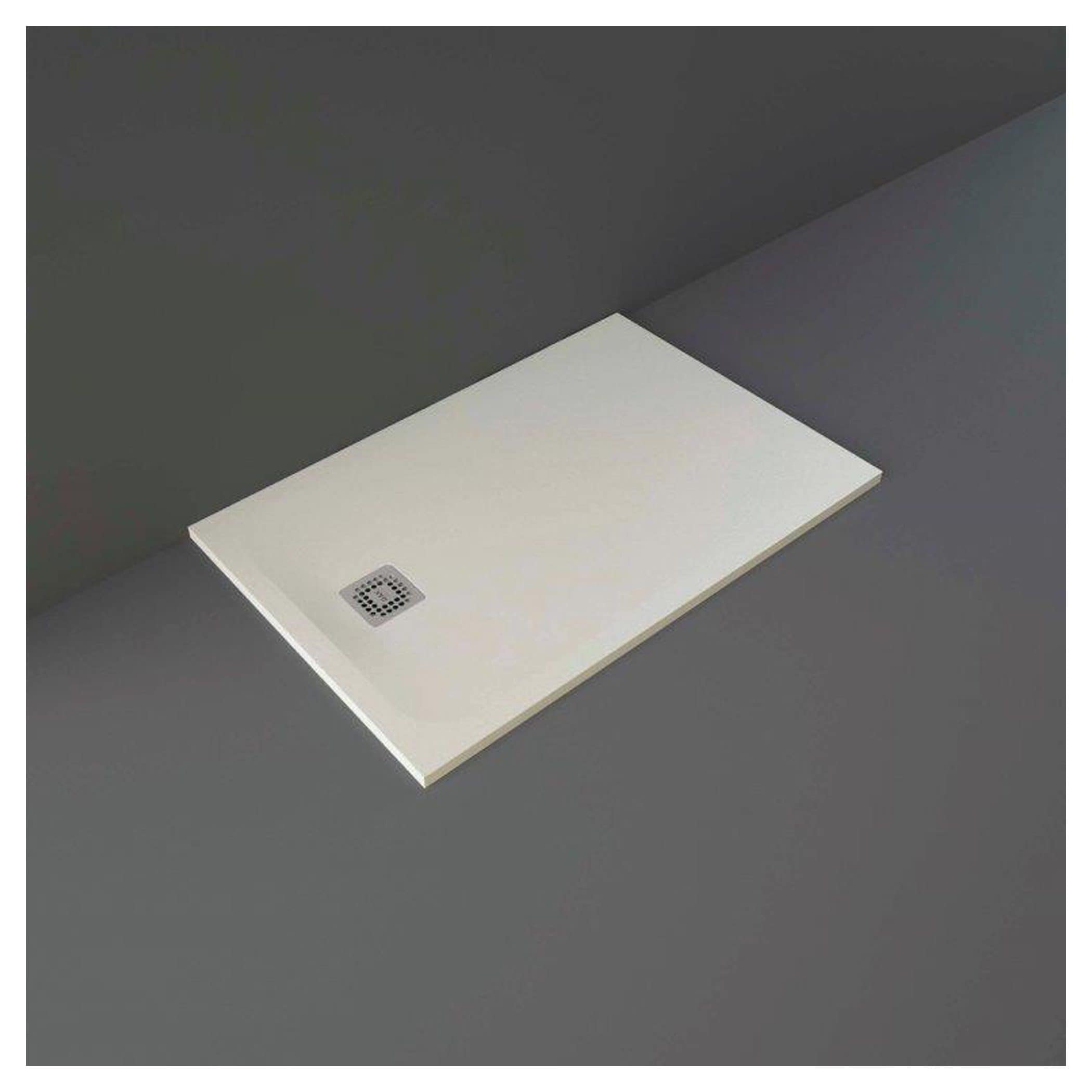 Modern white shower tray with a stainless steel drain, ideal for contemporary bathroom designs. Durable, easy to clean, and perfect for creating a sleek, minimalist look in your bubly bathroom.