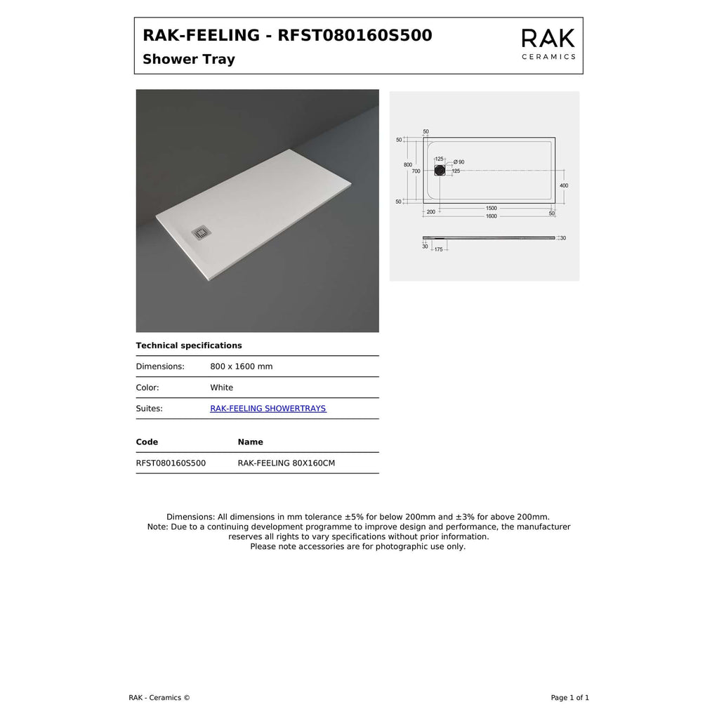 White shower tray with a square drain and sleek design, ideal for modern bathrooms. Dimensions 800 x 1600 mm, made by RAK Ceramics, perfect for contemporary bathroom renovation projects.