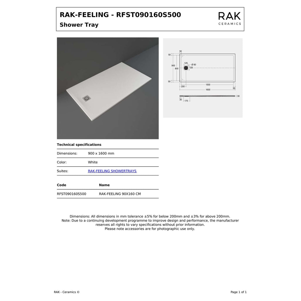Sleek white shower tray with a square drain, measuring 900 x 1600 mm, designed for modern bathroom installations with precise dimensions and easy-to-clean surface.