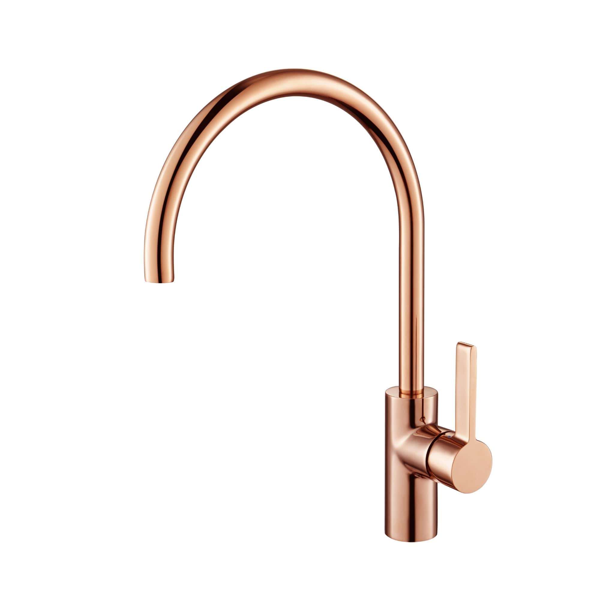 Sleek rose gold kitchen tap with modern curved design and single lever control, perfect for contemporary bathrooms and kitchens. Designed for style and functionality.