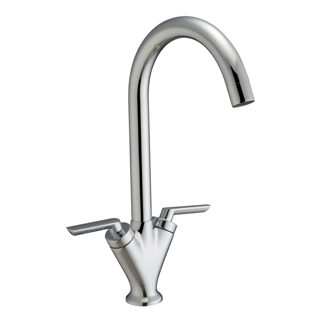 Sleek chrome kitchen tap with dual handles and high-arc spout, ideal for modern Bubly Bathrooms kitchen remodels and installations.