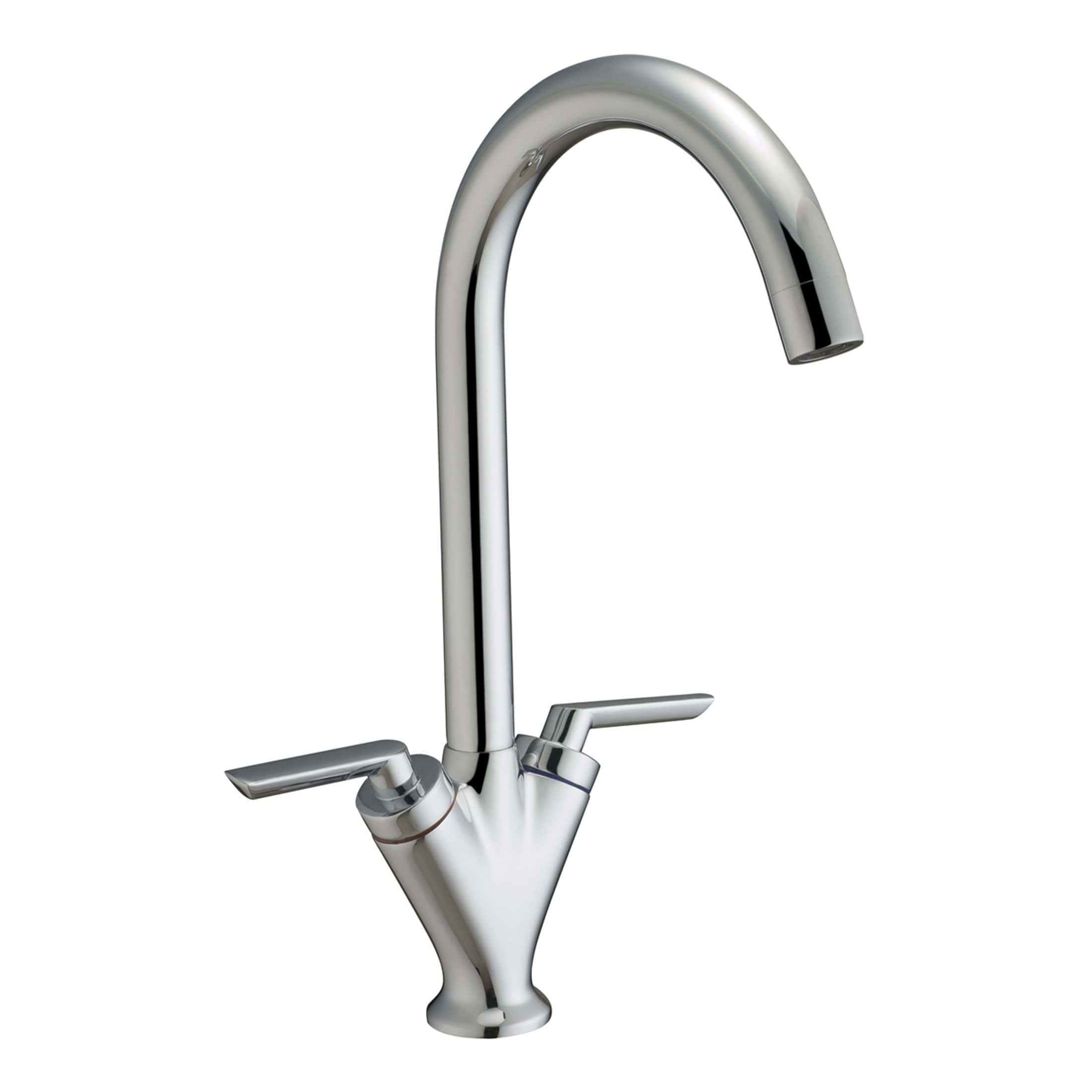 Sleek chrome kitchen tap with dual handles and high-arc spout, ideal for modern Bubly Bathrooms kitchen remodels and installations.