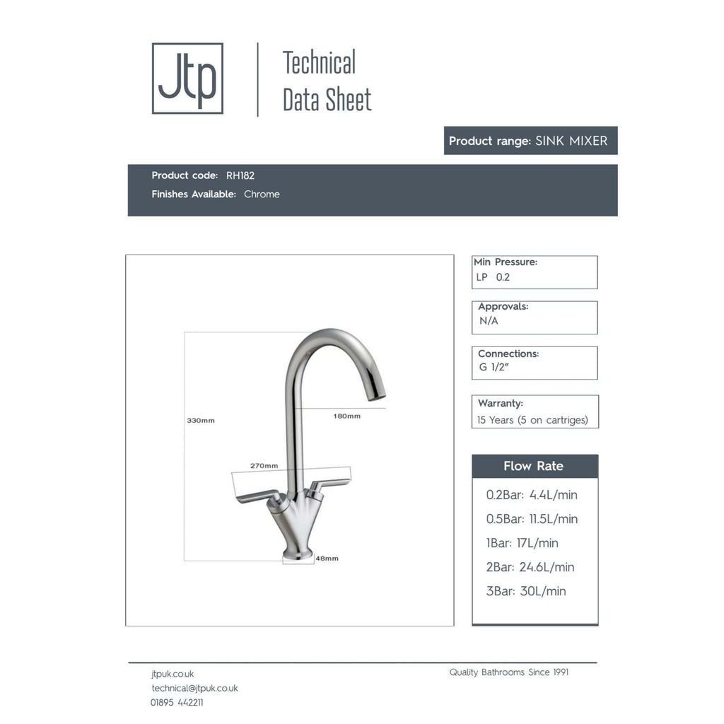 Chrome finish modern kitchen sink mixer tap with high arc spout and dual handles for precise water control, ideal for contemporary bathroom or kitchen settings.